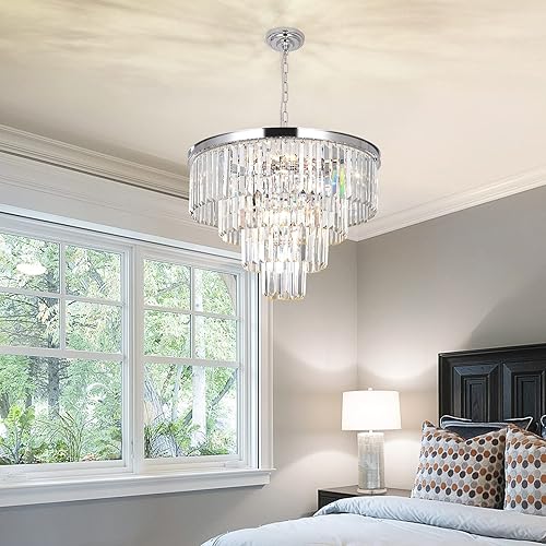 Miniatura 6 de MarkDee Modernos candelabros de cristal, redondos cromados modernos para comedor, 8 luces colgantes con altura ajustable (23.6 pulgadas)