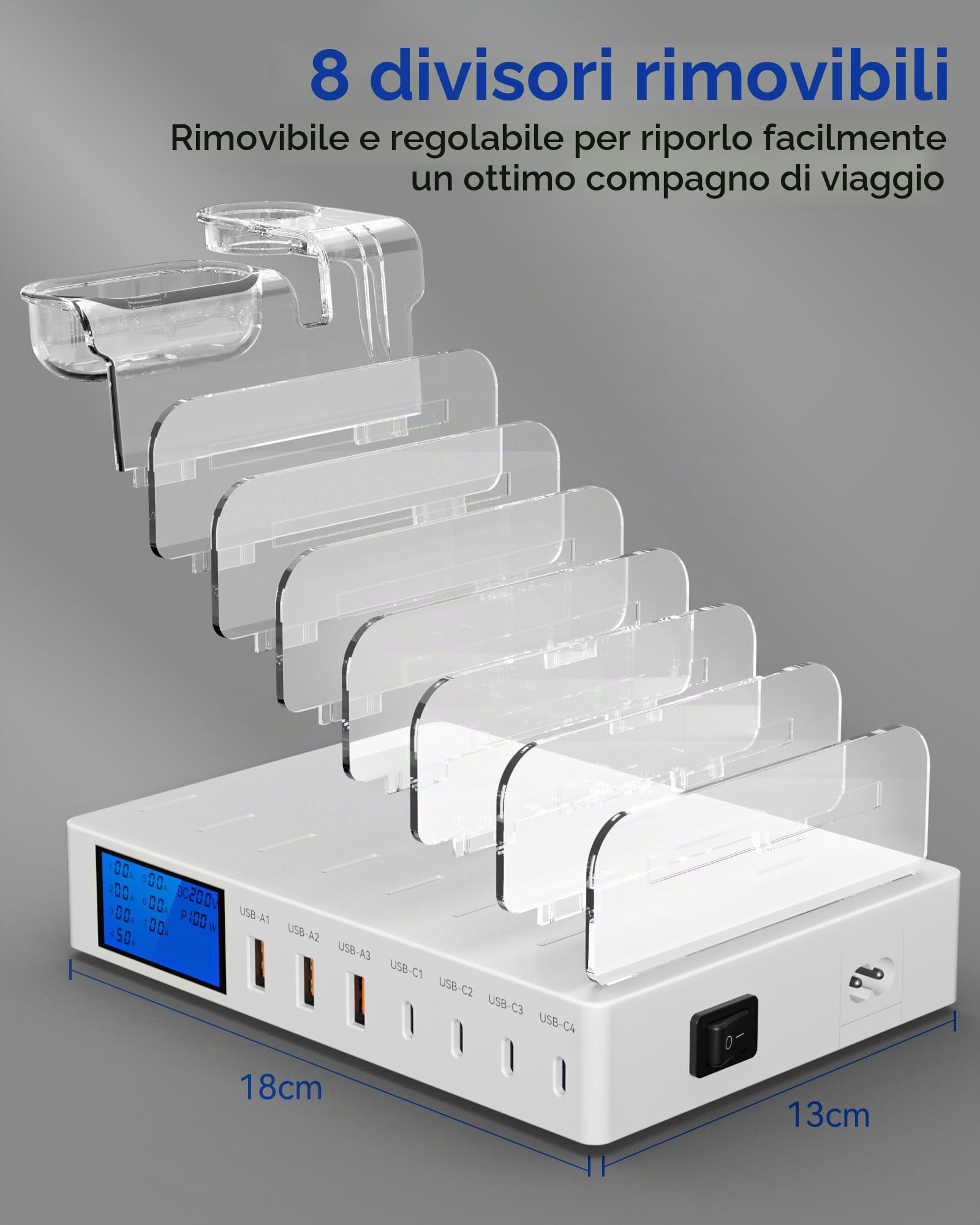 Stazione di Ricarica da 245W, 7 Porte Dispositivi Multipla USB, con schermo LCD Stazione Ricarica Cellulari per iPhone, Tablet e Altri Dispositivi Elettronici（Senza cavo di ricarica）-bianco