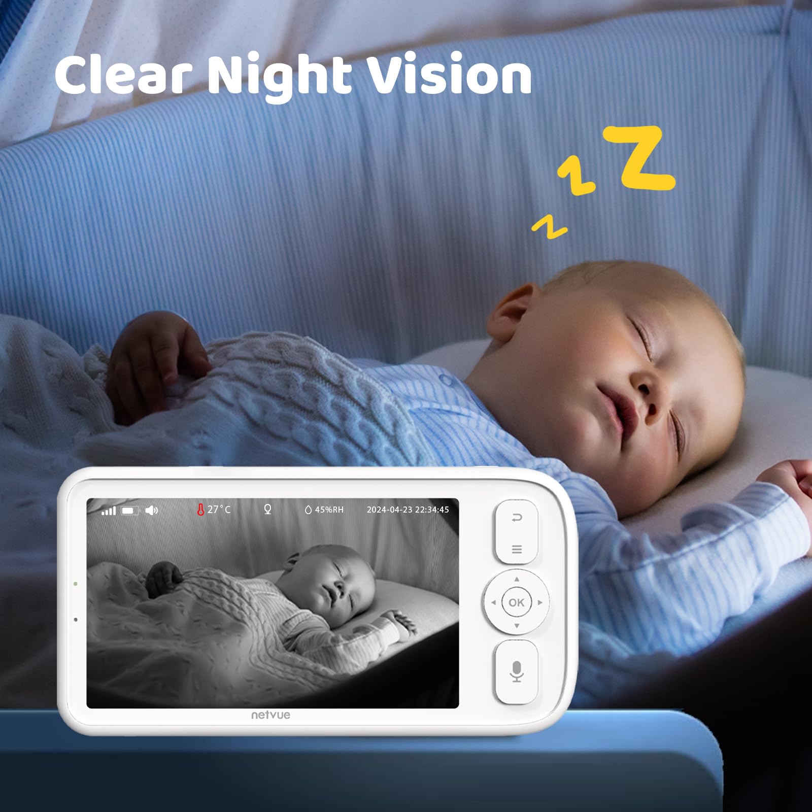NETVUE Camara Vigilancia Bebe, Vigilabebés con Soporte 4 en 1, Control de HD 5" LCD Monitor + App Móvil, Vigilabebes con Camara, 3 de Modos Detección Inteligente, Vision Nocturna, Audio Bidireccional