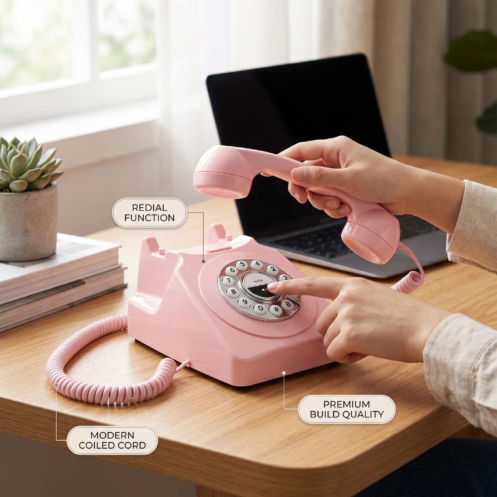 Yctze Téléphone Fixe Bluetooth Rétro, sans Fil Rechargeable (Pink)