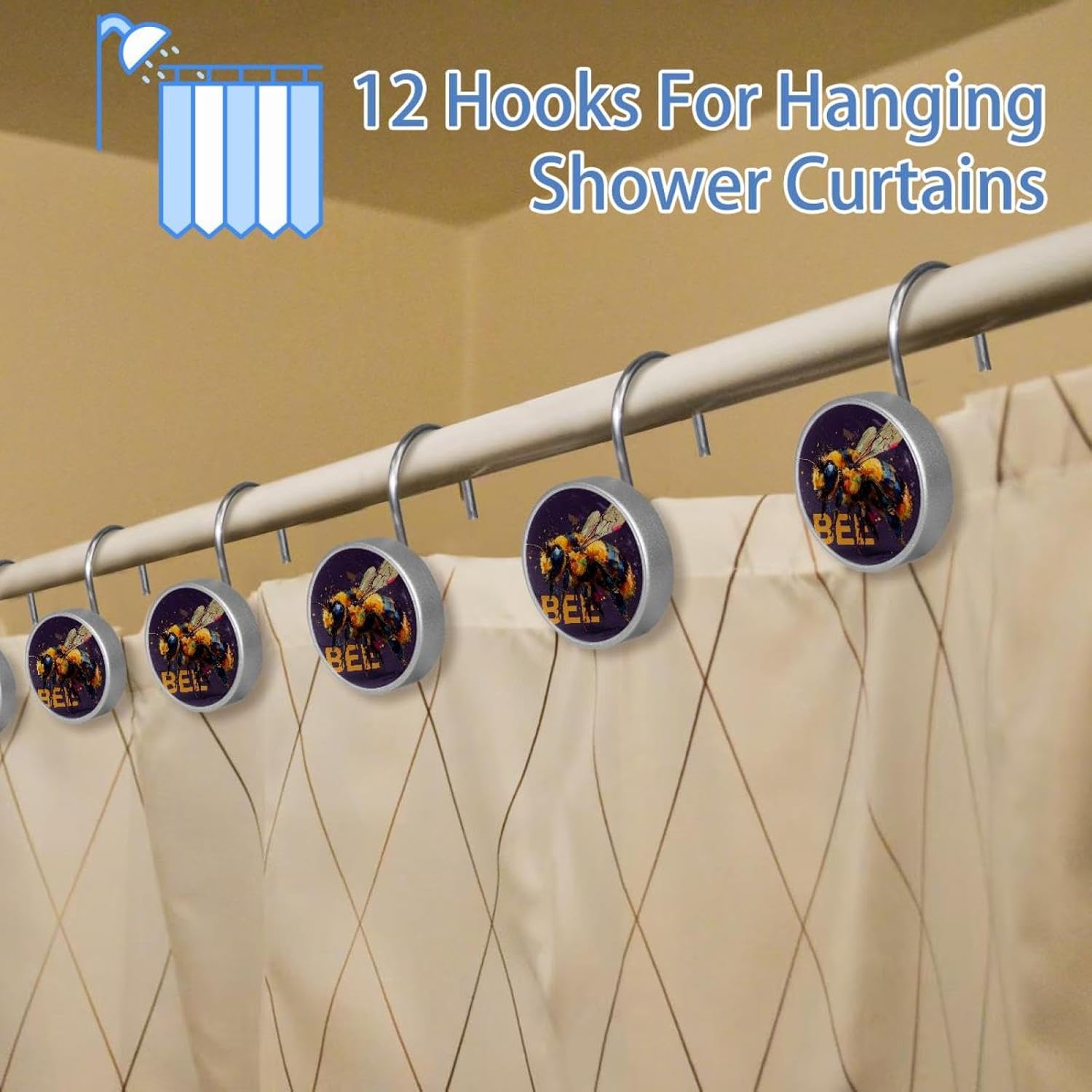 12PCS Bee (6) Shower Curtain Hooks Rings for Bathroom, Decorative Shower Curtain Hooks Rods Curtains and Liner
