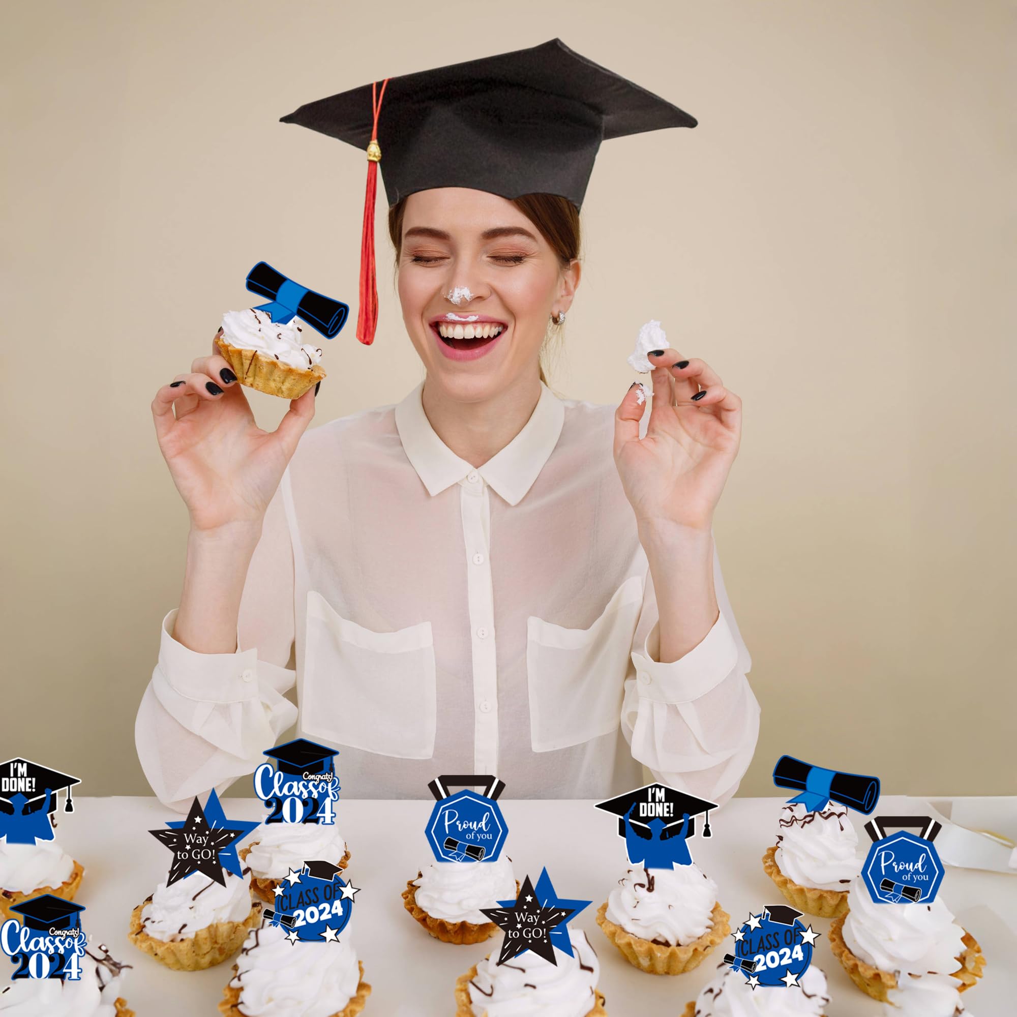 Class Of 2024 Graduation Cake Topper - Black & Blue Glitter Grad Cap Decoration With Pick - View #8