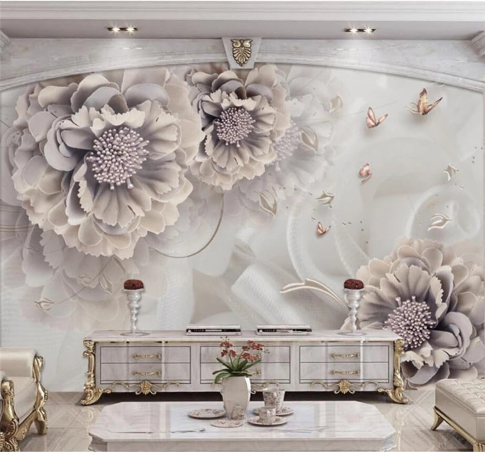 Xlming 400Cm×280Cm(B×H) Relief Three Dimensional Minimalist Peony Butterfly 3D Wallpaper Luxury Silk Study Dining Feature Sofa Grey Bedroom Living Room Tv Decorative Wall-400Cm×280Cm