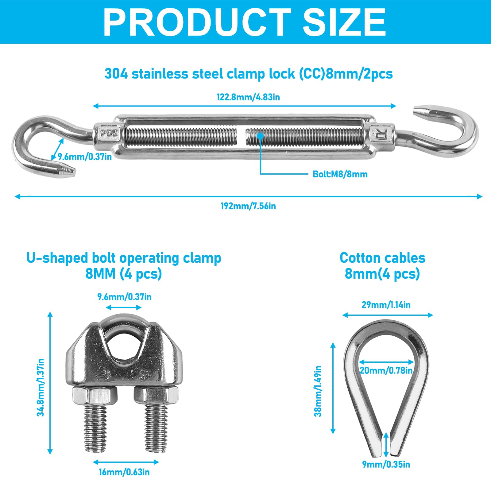 Mulaibdin 30 Pièces Tendeur Cable Inox M6, Serre Cable Acier 6mm, Bagues Pour Câble Métallique, Crochet Tendeur Kit Pour Rideaux,Corde A Linge,Plante Grimpante,Cable Suspension