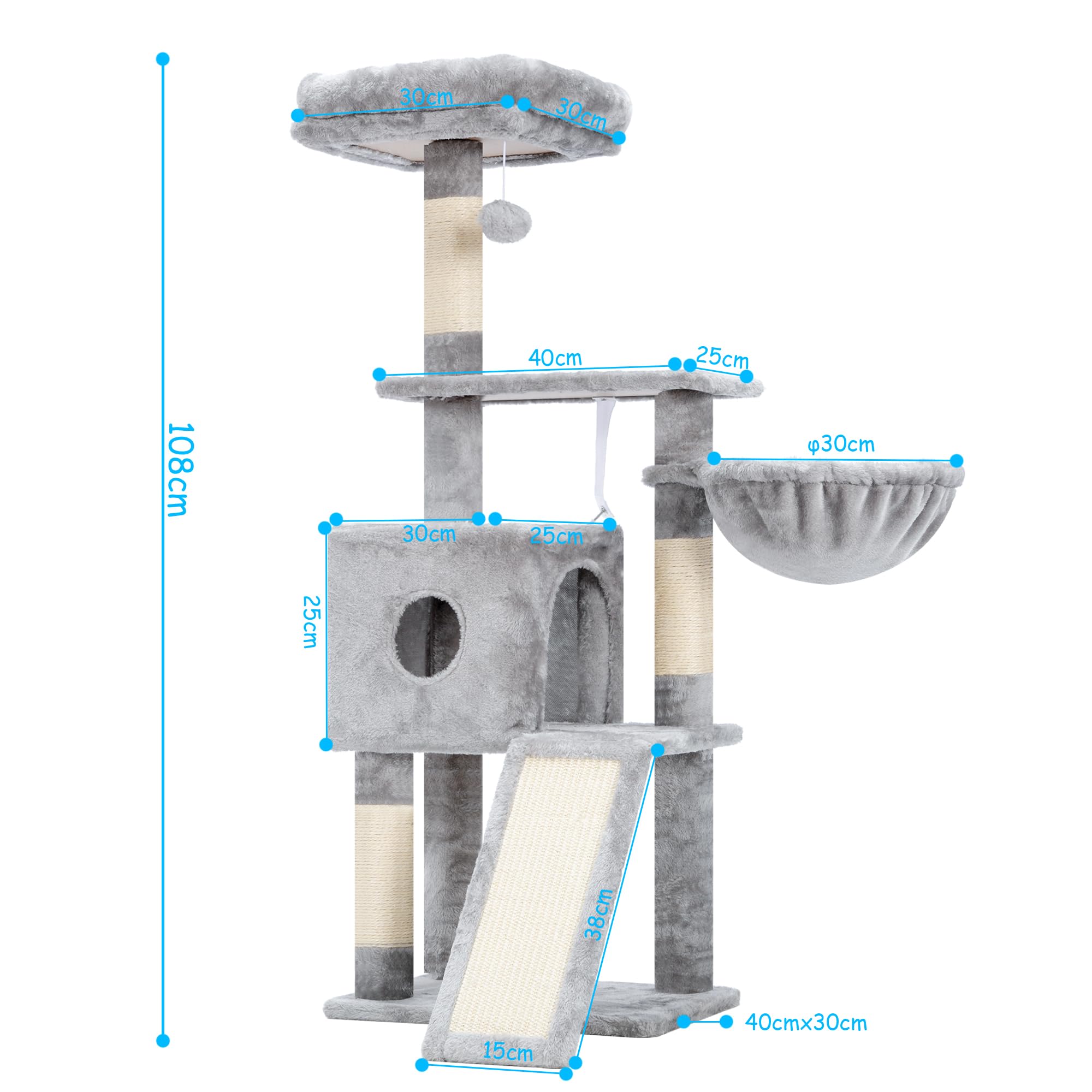 Hey-brother Tiragraffi per Gatti Multilivello, con Rampa, MPJ007SW | 110cm Albero per Gatti, Cuccia Chiusa , Cesta Sospesa, Piattaforma, Pompon, Ideale per gattini da interno, Grigio Chiaro
