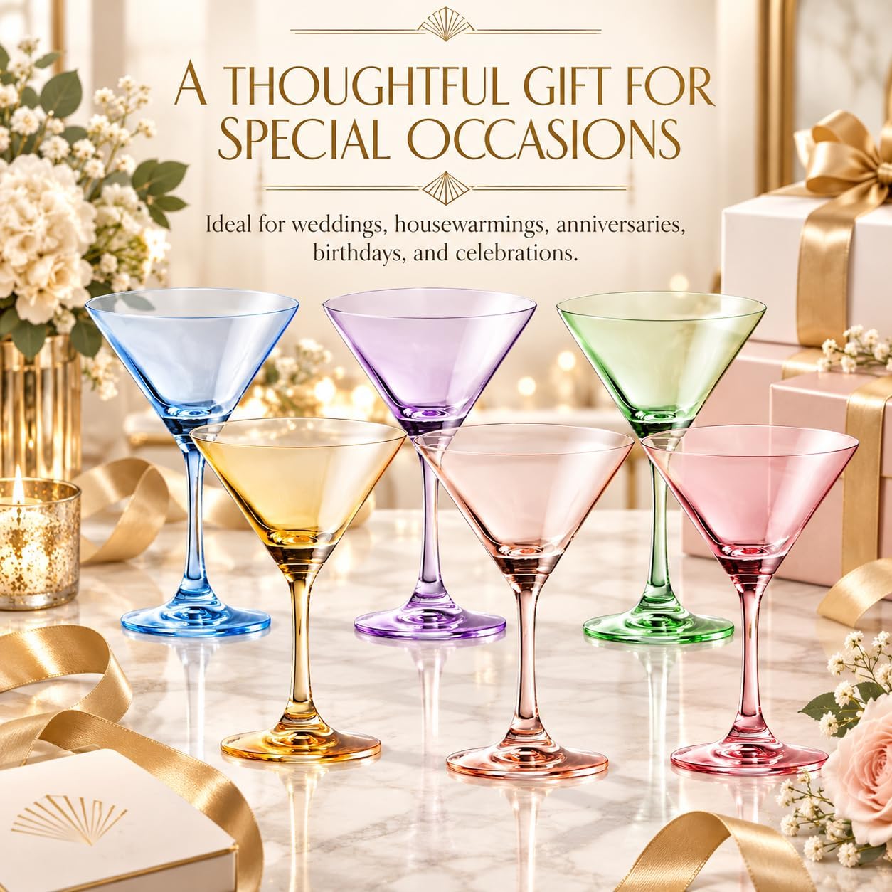 Martini Glasses Set of 6, 8oz, Crystal Luxury Martini Glass - Goblets & Chalices Elegant Colors, Hand-Blown, Art Deco Cocktail Colored Coupes For Manhattan, Cosmopolitan, Sidecar, Stemmed Color