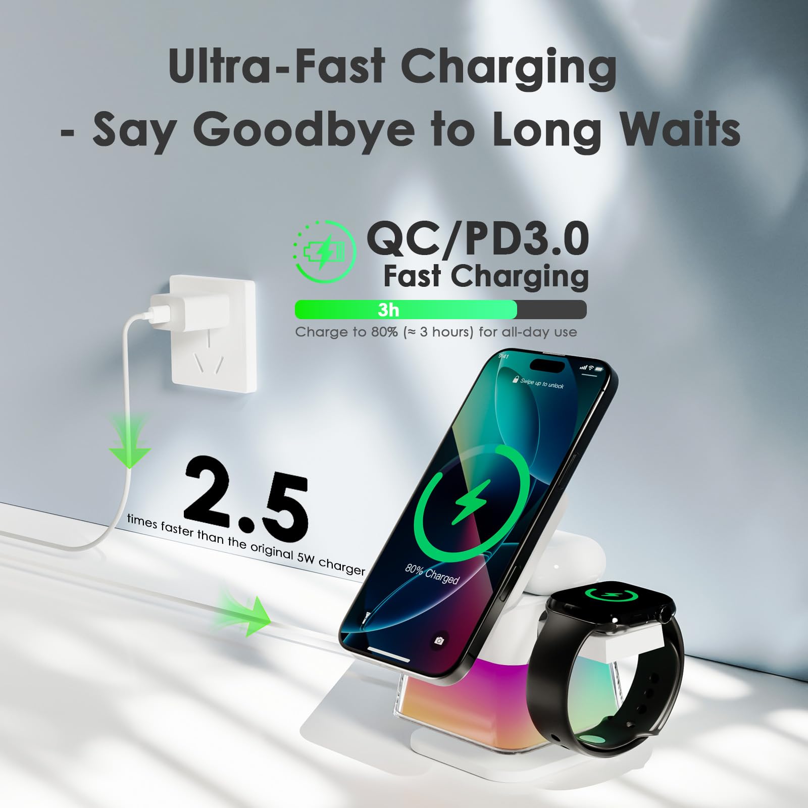 Minthouz Stazione di ricarica 3 in 1 per iPhone, caricabatterie wireless veloce da 15 W con lampada notturna, supporto magnetico pieghevole da viaggio per iPhone 17/16 15 14 13/Apple Watch/AirPods