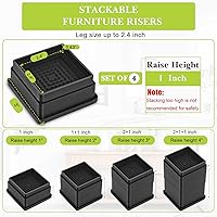 Vista 2 de 4 Pack Furniture Risers 1 Inch, Adjustable Bed Risers Heavy Duty for Table Desk Couch Chair Sofa Cabinet Bed Frame Dorm, Square Stackable Table Leg