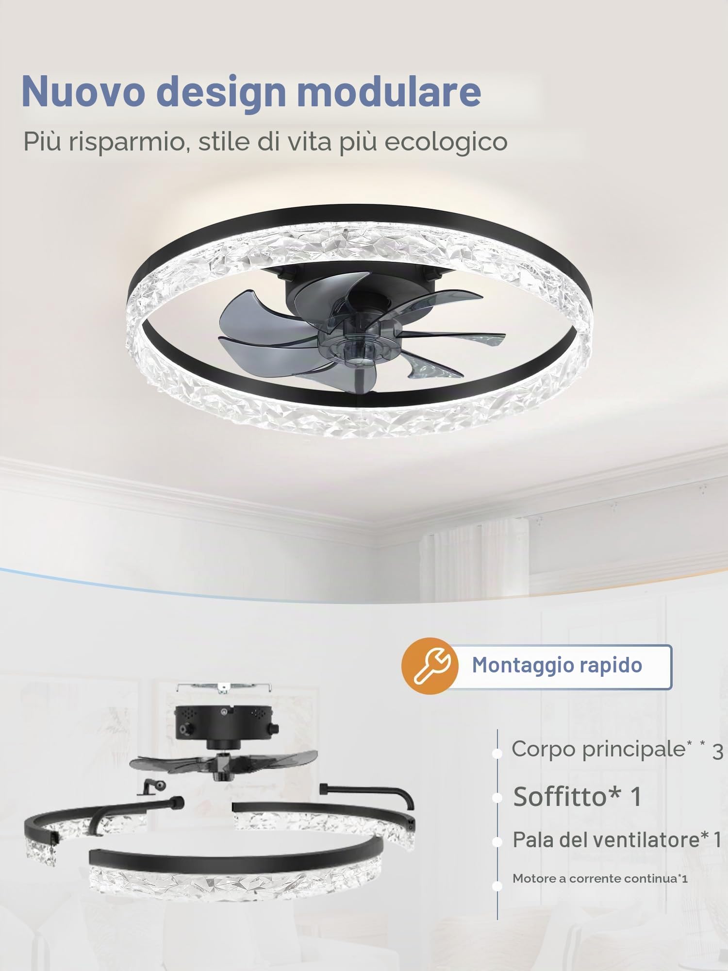ZMISHIBO Ventilatore da soffitto con luce, Ø 50,8 cm, LED 3000K-6500K dimmerabile 10%-100%, Lampada Ventilatore da Soffitto, 6 velocità, silenzioso, timer, app e telecomando, moderno, nero