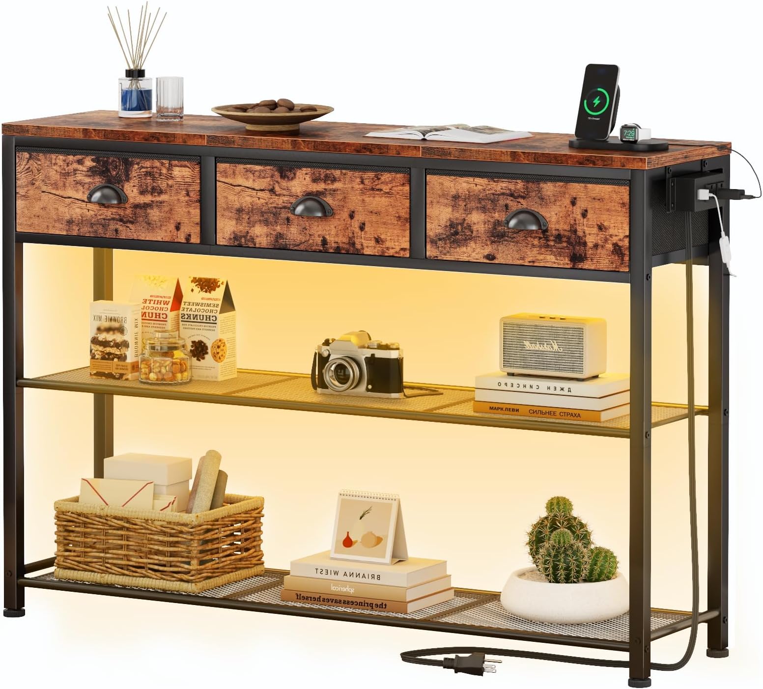 Furologee Console Table with Charging Station & 3 Fabric Drawers, 38'' Entryway Table with Storage Shelves and LED Light for Entry Way, Industrial Display Shelf for Hallway, Foyer, Rustic Brown