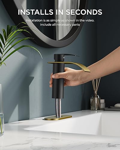 Miniatura 4 de FORIOUS Grifo de baño negro y dorado de un agujero, grifo de baño de cascada negra con mango único, grifo de lavabo de un solo orificio para