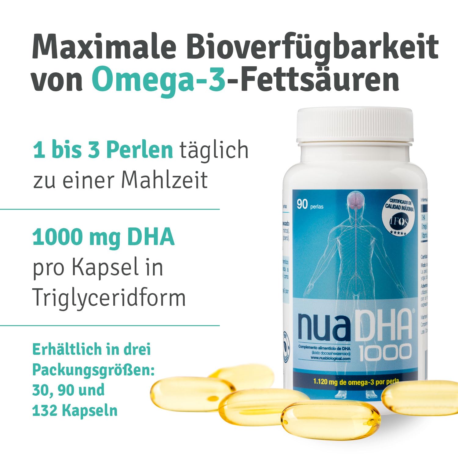 Nua Biological - NuaDHA 1000 in Kapseln, Nahrungsergänzungsmittel auf Basis von DHA (Docosahexaensäure) - Omega-3 aus Blauem Meeresfisch - 90 Kapseln in Triglycerid-Form (1000 mg DHA/Kapsel)
