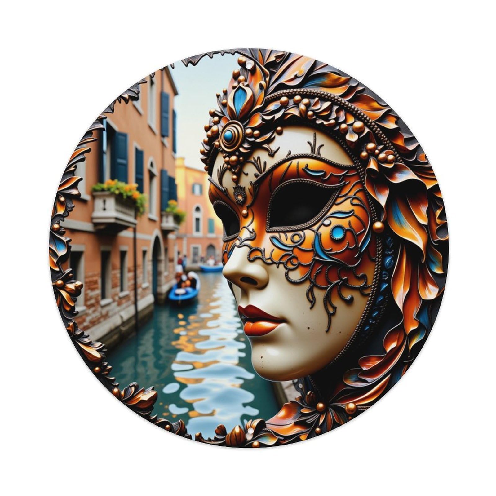 Venetian Mask Canal Scene Art Retro Metal Sign Round Tin Sign, Vintage Decor Art Poster for Bar, Home, Man Cave, Kitchen, Laundry Room Gift 8x8Inch