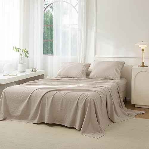 Miniatura 27 de JIYUAN Juego de sábanas de 100% algodón lavado, 4 piezas, 1 sábana bajera, 1 sábana encimera y 2 fundas de almohada, cómodo y transpirable, similar