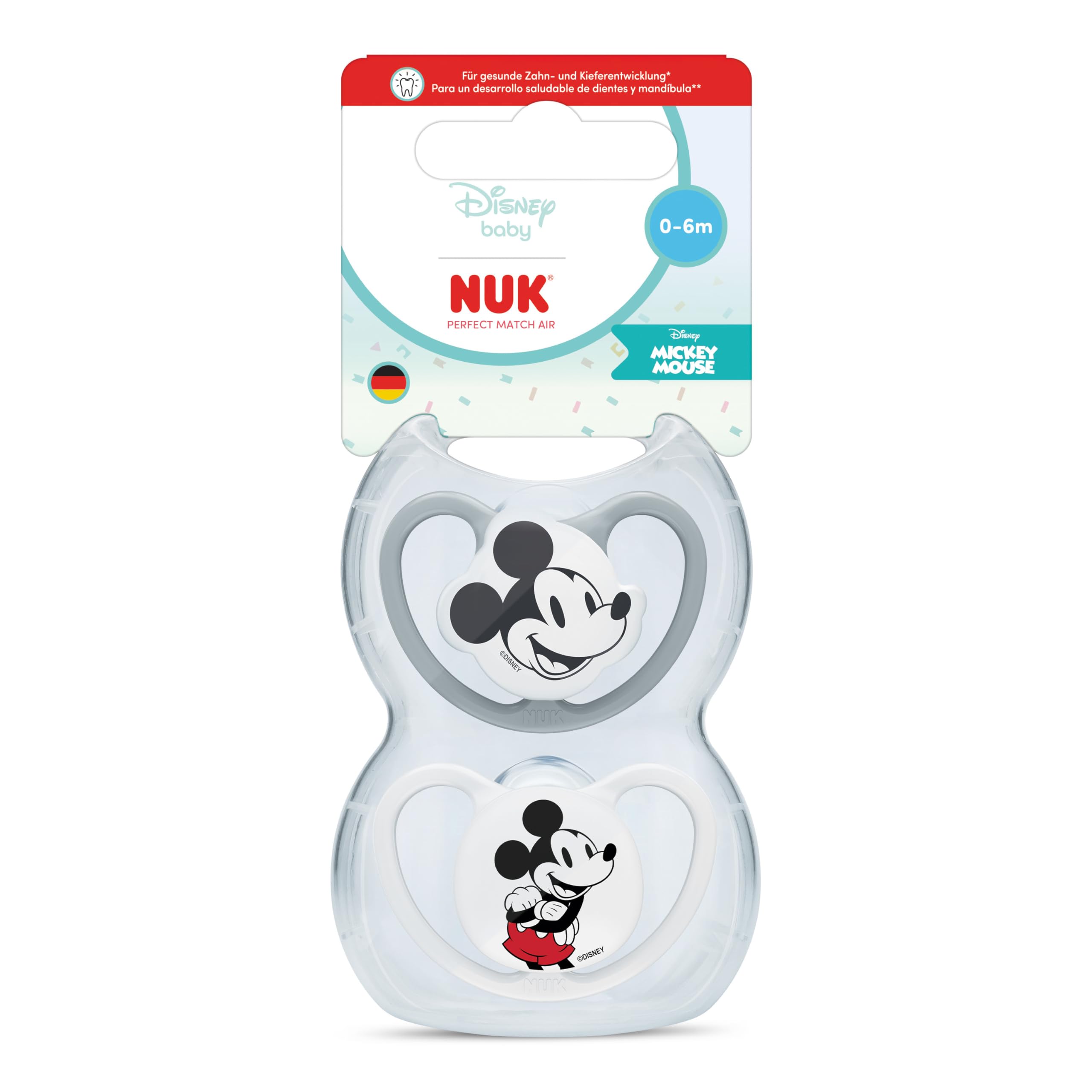 NUK Perfect Match Air Baby Schnuller | 0-6 Monate | Orthodontische Schnuller, die Luftzirkulation fördern & Speichel-Ausschlag verhindern | 95% Baby-Akzeptanz** | Disney Micky Maus | 2 Stück