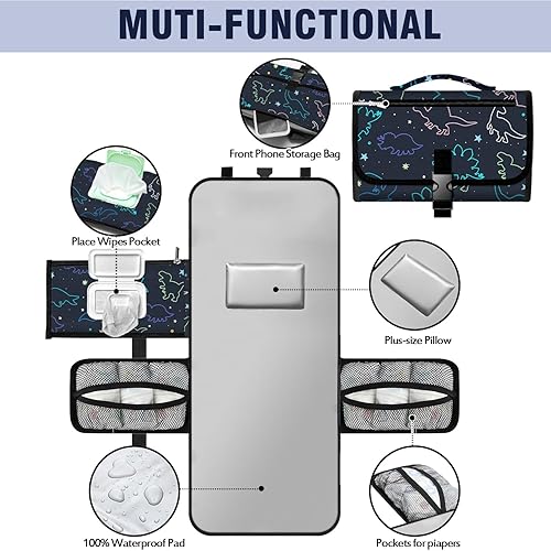 Miniatura 2 de Cambiador portátil rosa, impermeable, plegable, para bebé, con patrón de dinosaurio, cambiador de pañales, bolsa de viaje, cambiador de pañales de