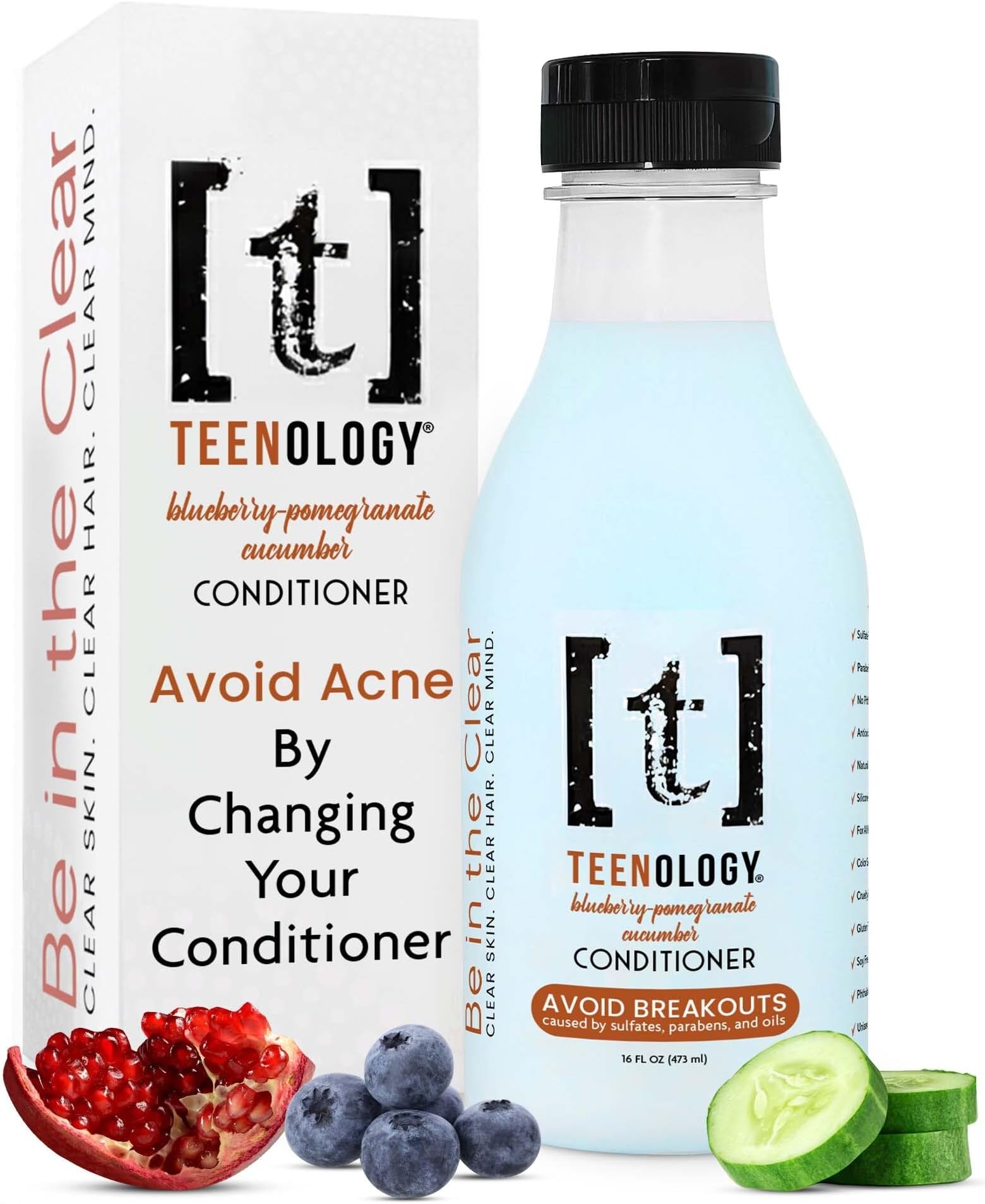 Teenology Teen Conditioner – Avoid Acne, Non-Comedogenic, For Dry & Oily Scalps, Sulfate & Paraben Free, Natural Extracts, for Clear Skin & Healthy Hair, 16 oz – (Blueberry Pomegranate Cucumber)