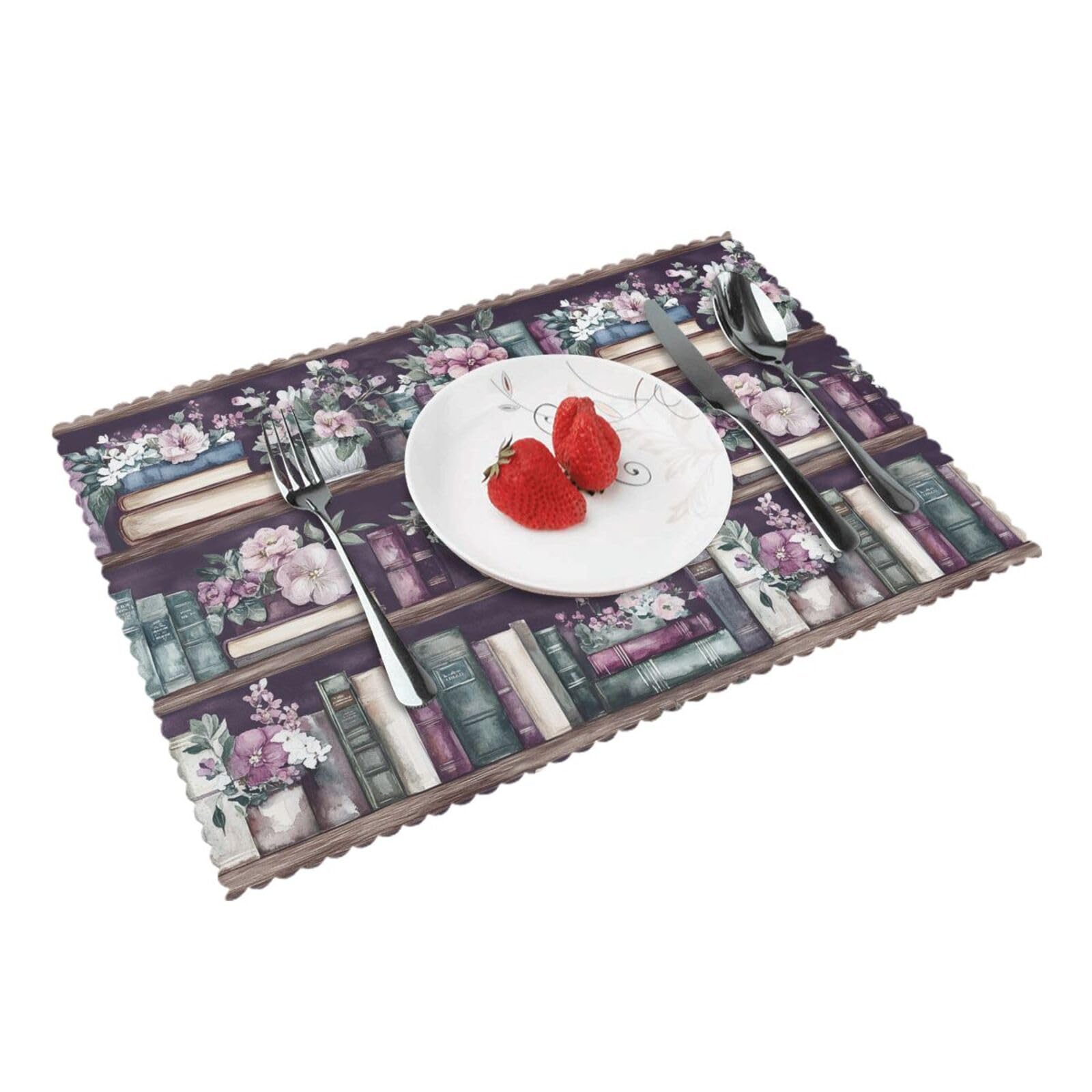 Bookshelf Booklovers Flowers (6) Placemats Set of 4 Print Table Mats Place Mats Table Decor for Kitchen Dining 12X18 in