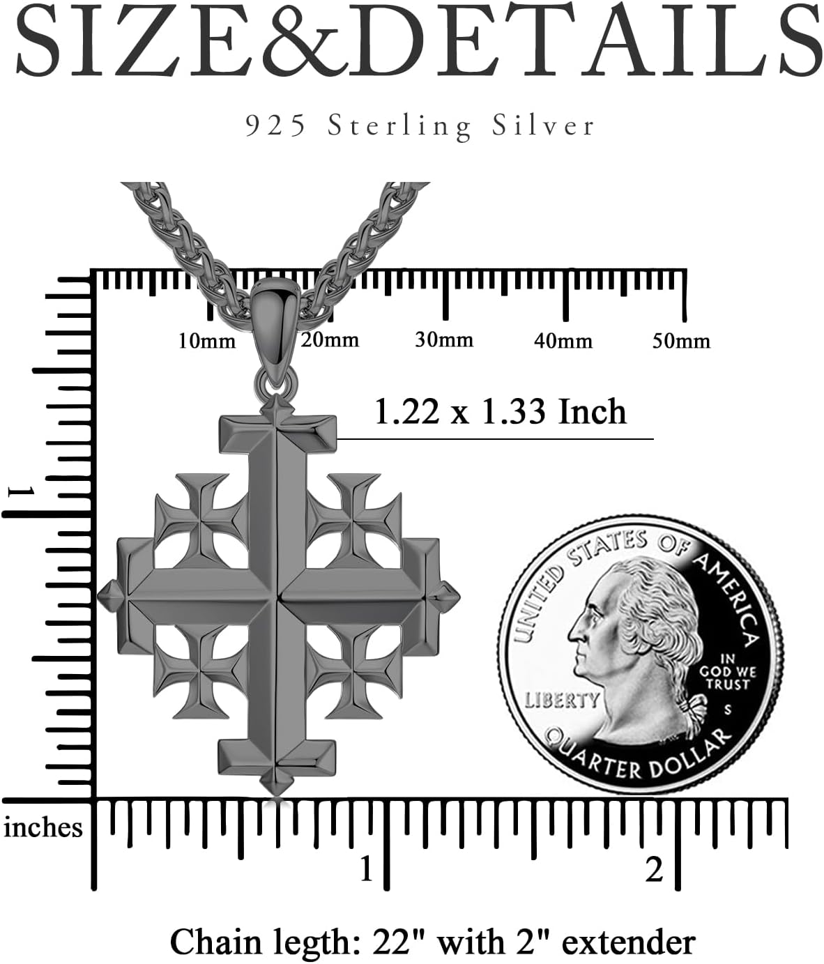 Jerusalem Cross Necklace 925 Sterling Silver Christian Jewelry for Men, w/Stainless Steel Chain 22 + 2 Inch - Image 2