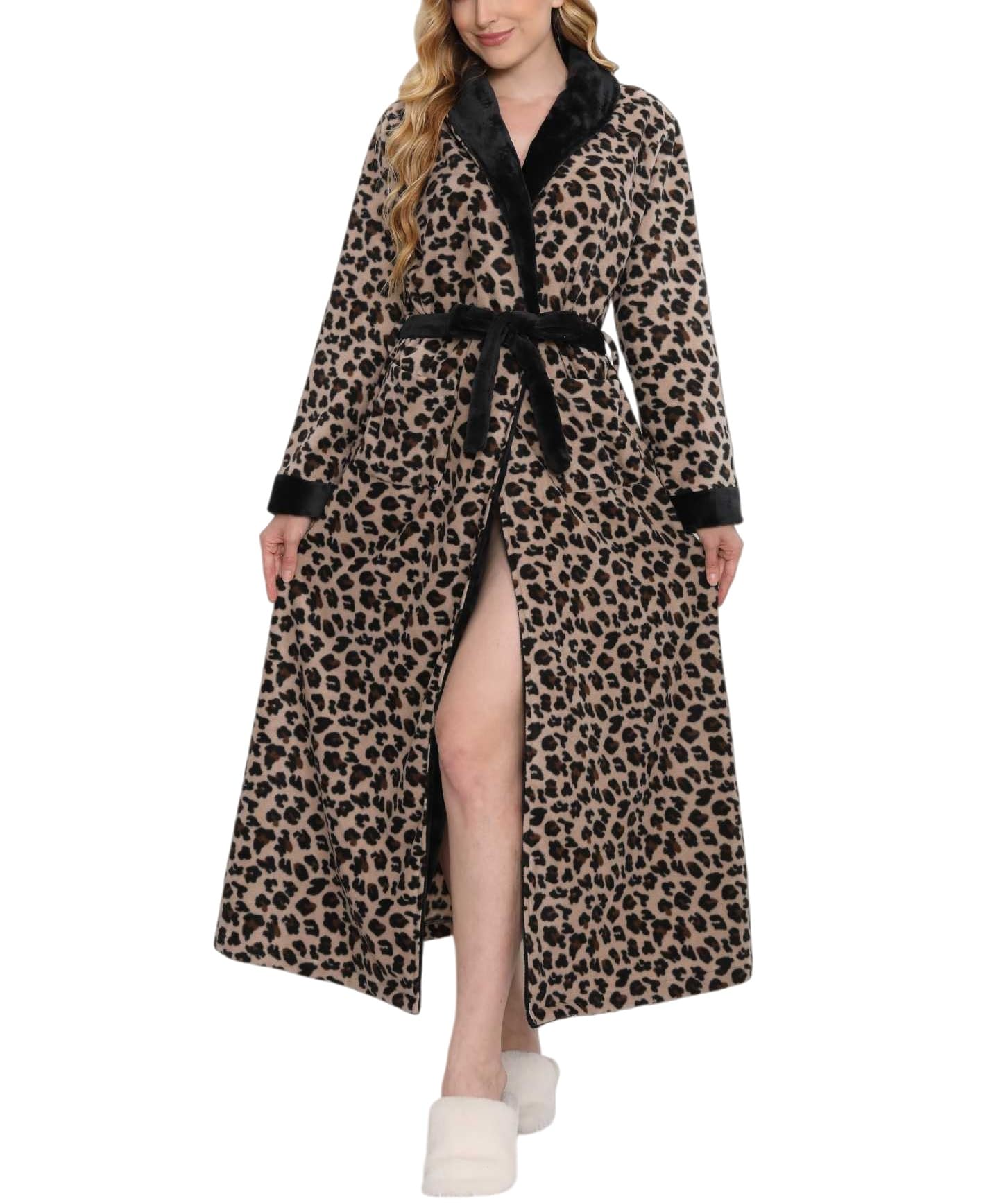 Langer Bademantel mit Retro-Leopardenmuster,warmer,luxuriöser,weicher Flanell-Bademantel mit schwarzem Patchwork-Design,flauschige Langarm-Nachtwäsche für Damen
