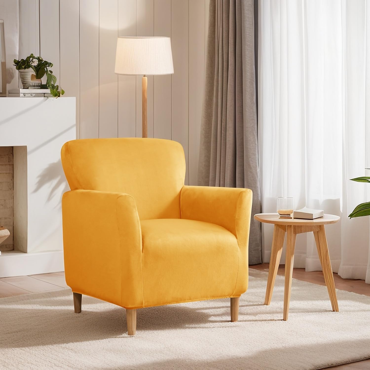 Stretch Chair Covers with Arms 1-Piece Banquet Armchair Slipcover Velvet Mid Century Modern Armchair Slipcover Anti-Slip Furniture Protector for Living Room Friendly for Kids Pets (Yellow)