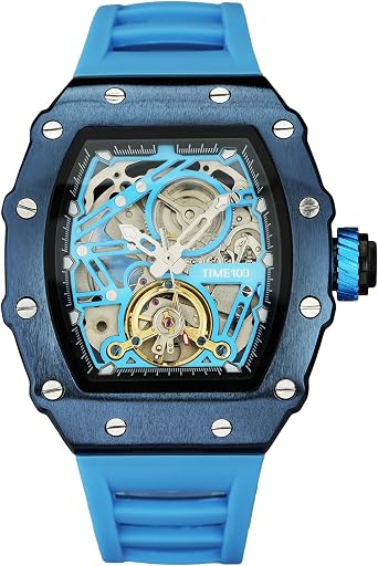TIME100 Automatic Mechanical Watches for Men Skeleton Square Big Face Wristwatch Adjustable Silicone Strap