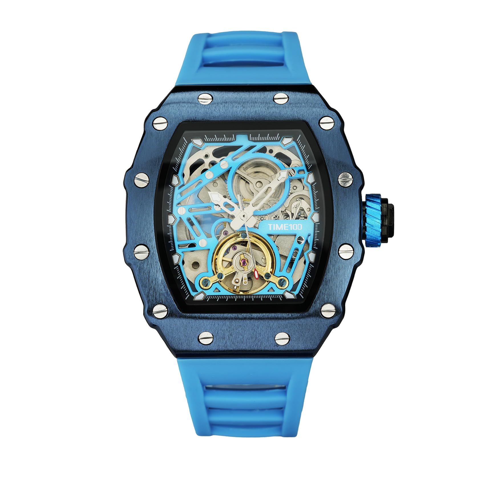 TIME100 automatik Uhr Herren,Wasserdicht Leuchtzeiger Pilot Serie Angel Wing Business Schwungrad Uhr,mechanisches Uhrwerk Herren Armbanduhren Leder/verstellbares Silikonarmband Skelett