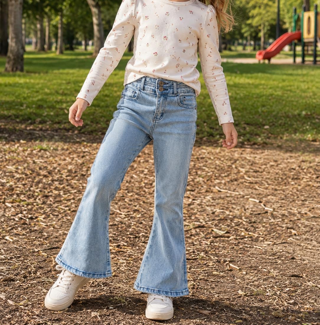 KIDSCOOL SPACE Jeans da Ragazza, Pantaloni di Jeans Elasticizzati con Fondo a Zampa d'elefante a 3 Bottoni