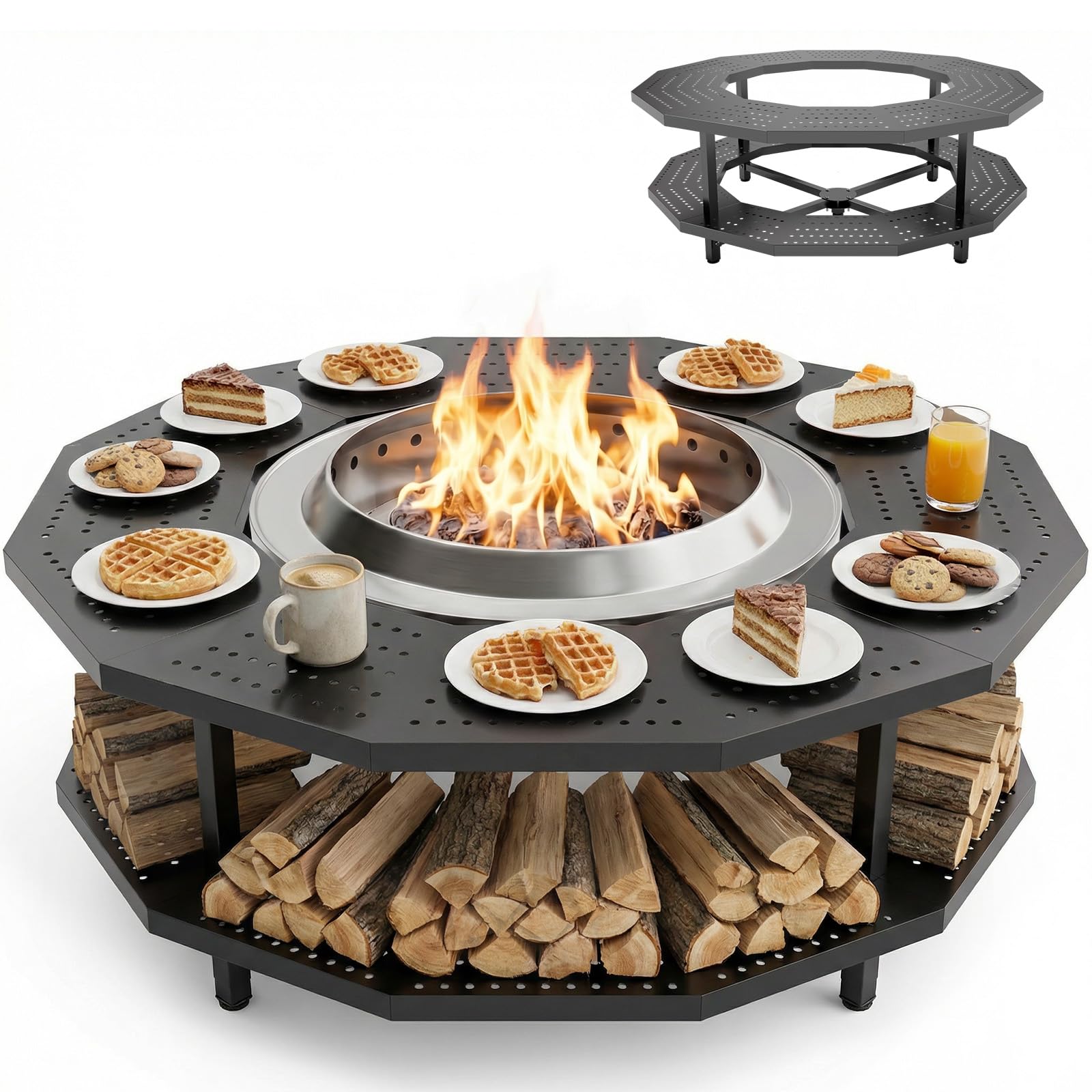 Braciere da tavolo Surround da 122 cm con staffa per stufa singola Yukon Barriera protettiva portatile per legna pozzi del fuoco all'aperto con ripiano per legna