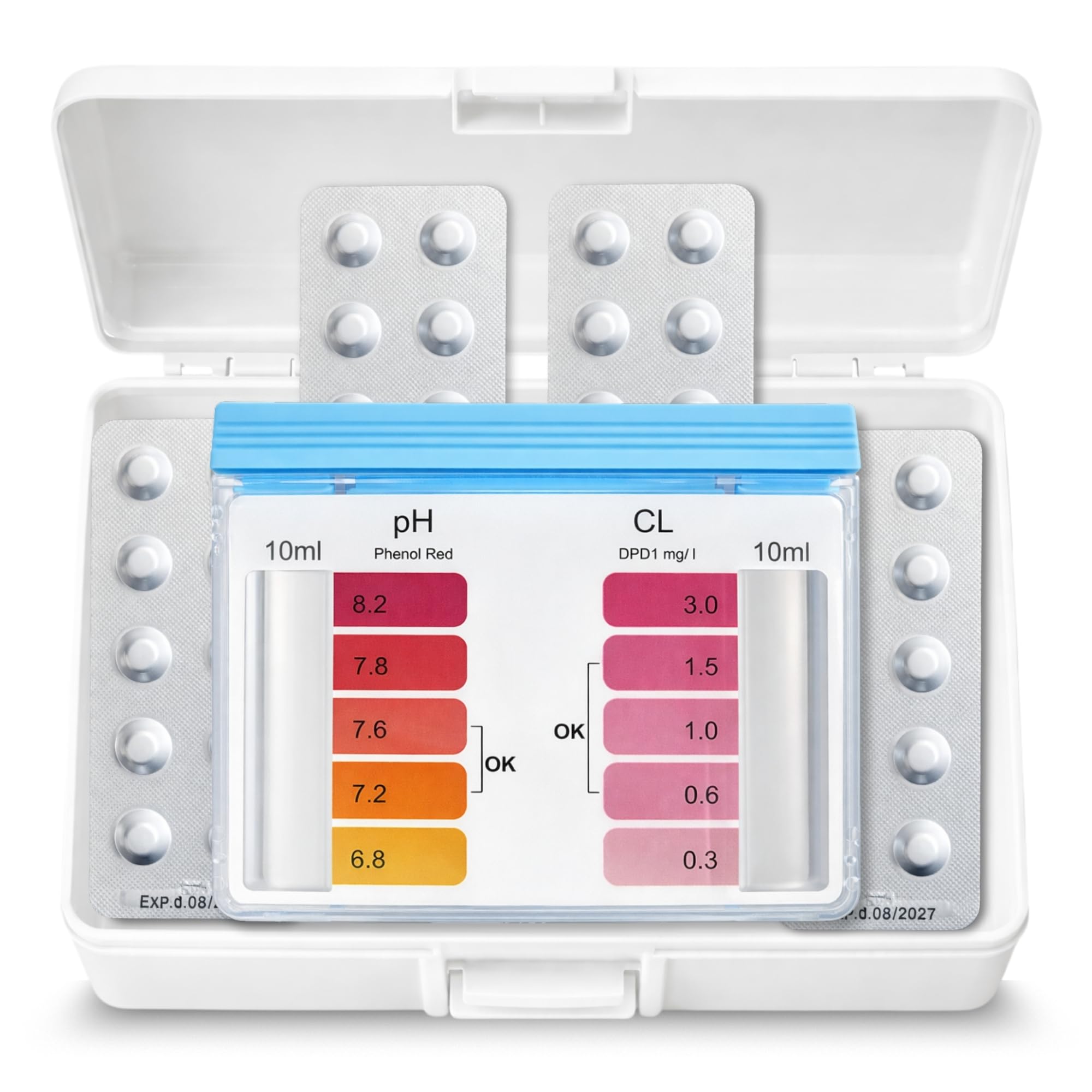 Test Kit Cloro y pH, Medidor del Cloro y PH del Agua de la Piscina, Accesorios Piscina Básico, Apto para cualquier tipo de agua, Contiene Phenol y OTO en gotas — view 7