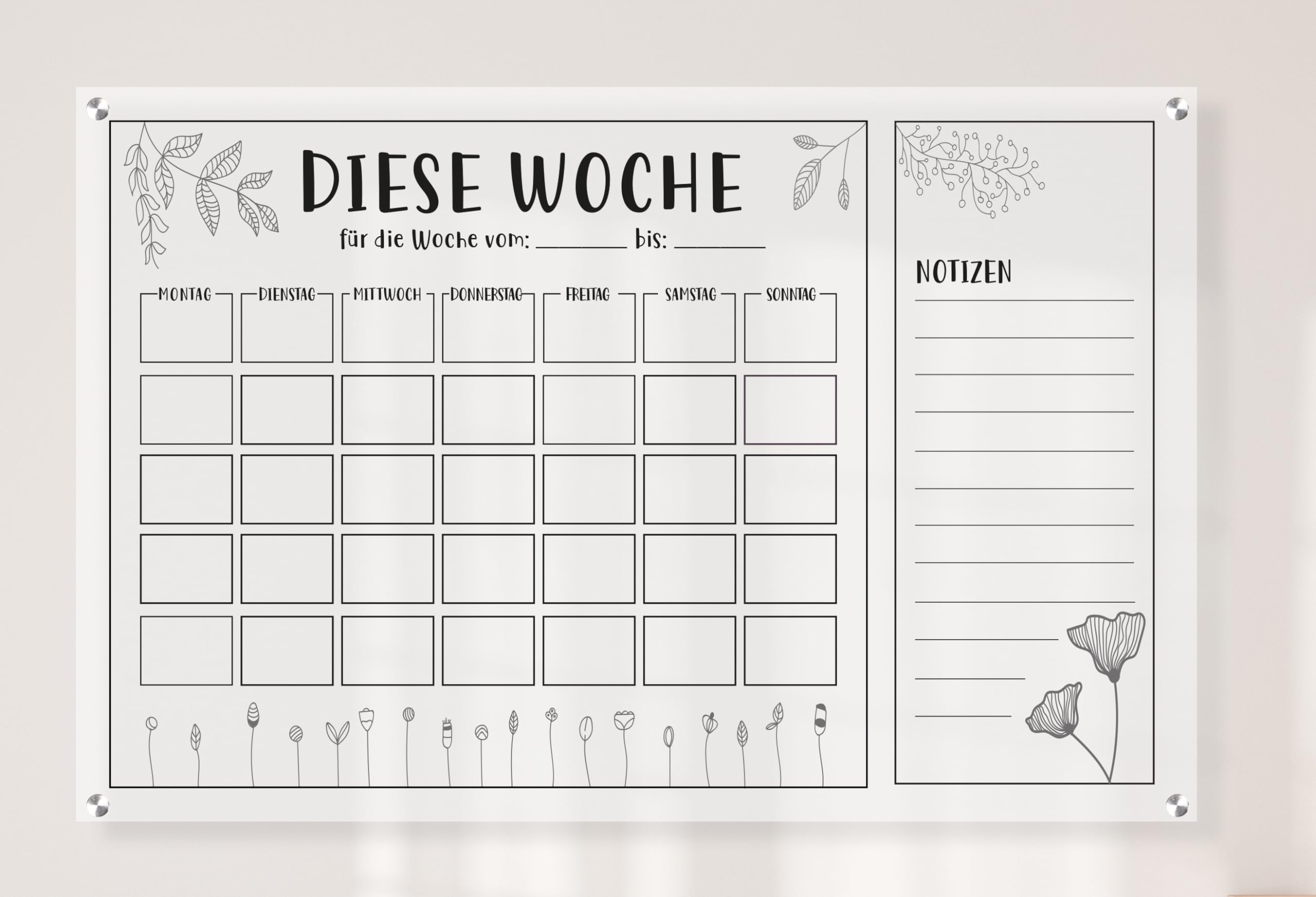 Queence Acrylglas Wochenplaner abwischbar 70x50 cm | Wochenplan transparent | Geburtstags-Kalender | Familienplaner | Notizen | Terminkalender | Wandkalender | Monatskalender (PLAN03)