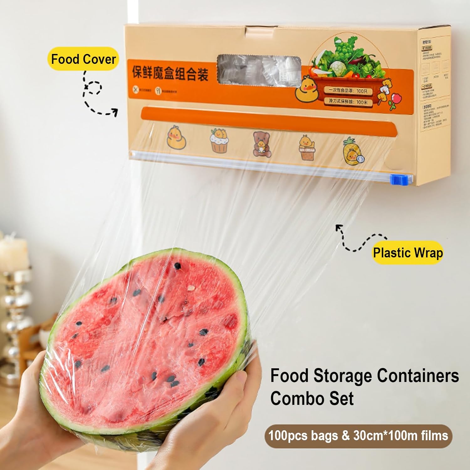 Plastic Wrap with Slide Cutter for Food, 100meters Cling Film with Magnetic Back, Includes 100 Reusable Plastic Bowl Covers, Microwave and Refrigerator Safe, BPA Free (2 Packs)