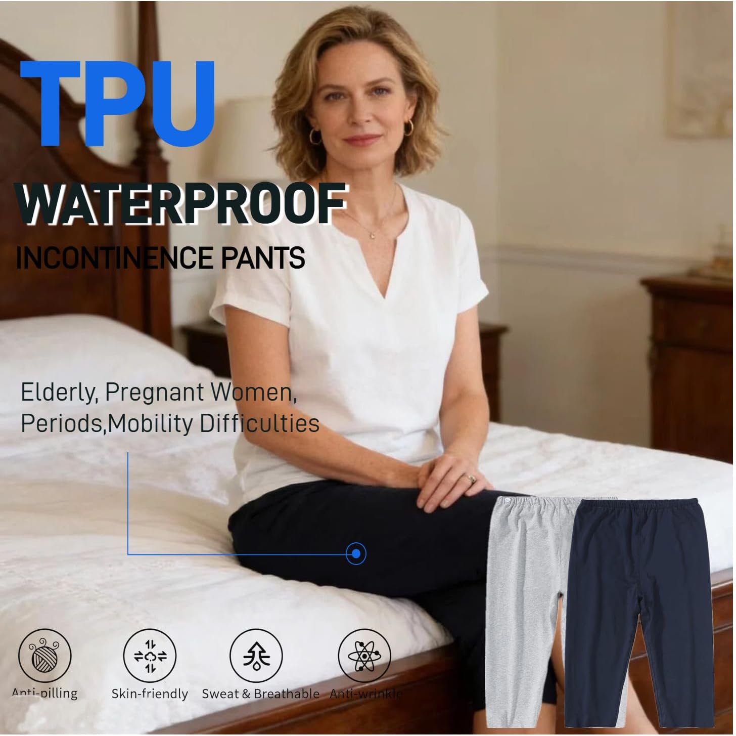 Adult Incontinence Pants,Patient Care Underwear,Adjustable Incontinence Trousers,Adult Diaper Pants,Reusable Adaptive Apparel for Adult Patients,Seniors and Women (Cropped,Grey,M) - Image 2