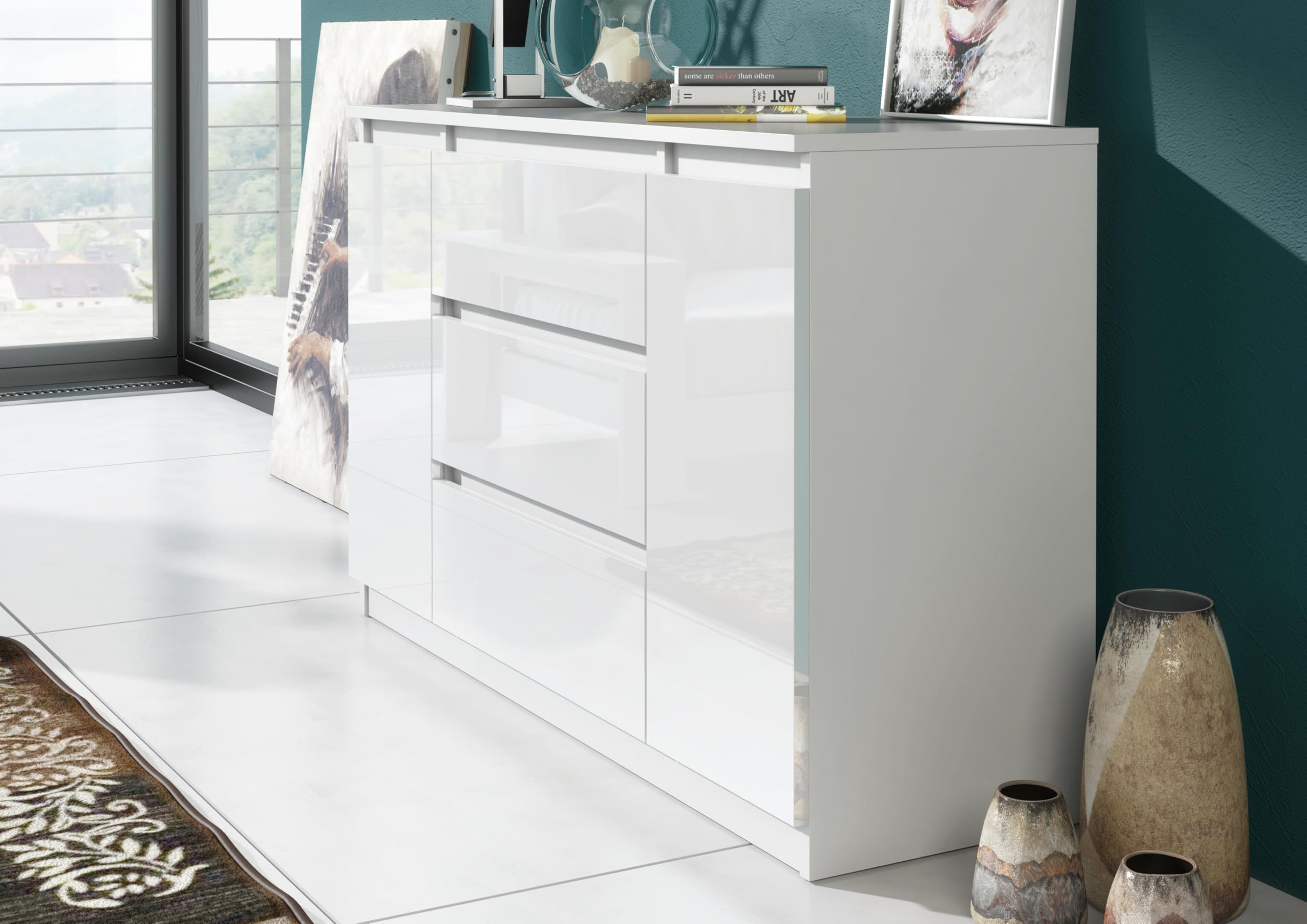 meble masztalerz Cassettiera Camera da Letto con 2 Ante e 3 Cassetti - Credenza Soggiorno - Moderna Comò - Cassettiera Alta - Mobiletto con Cassetti - Bianca Lucida 120 x 39 x 78,5 cm