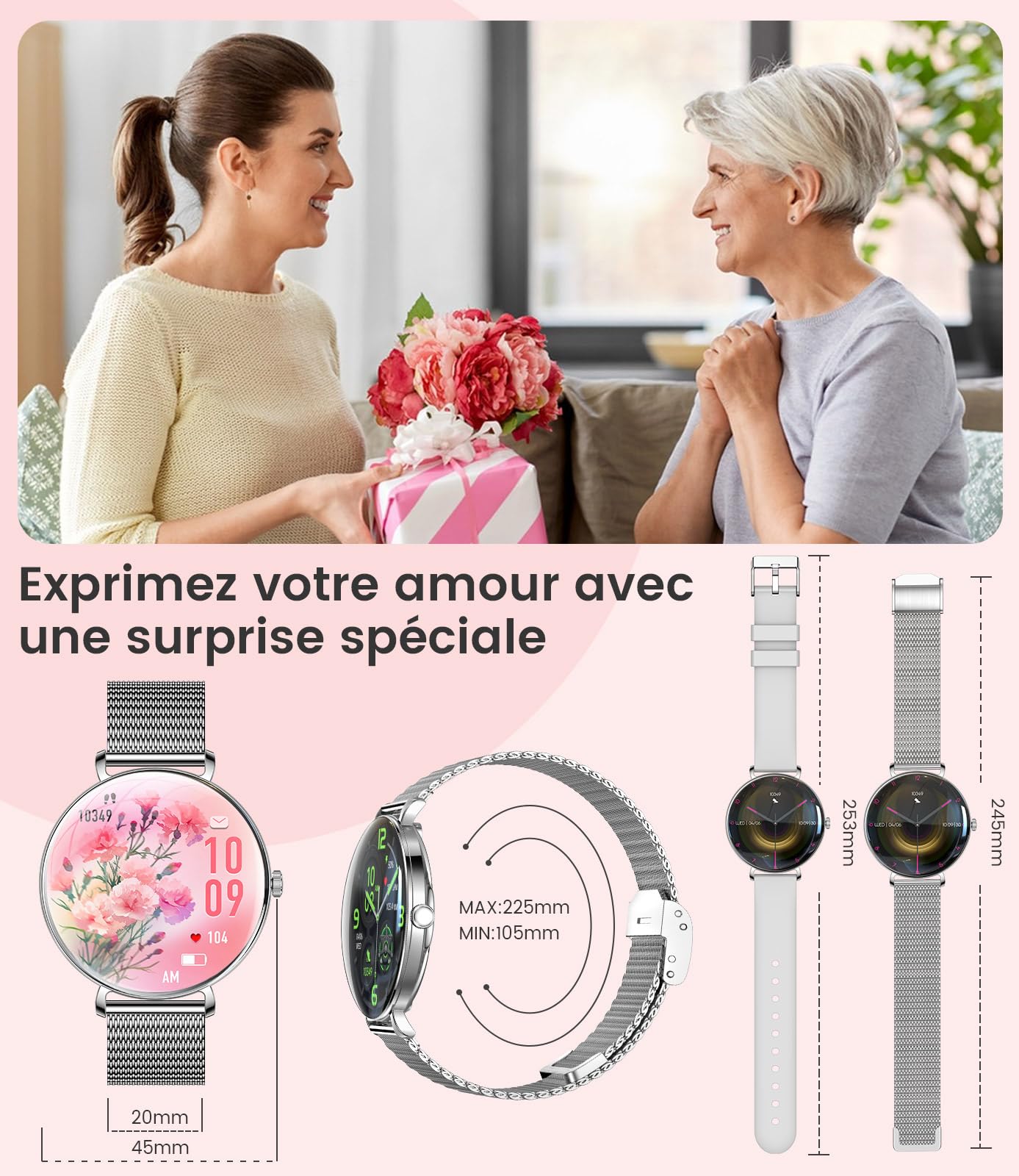 LIGE Montre Connectée Femme 1,43'' AMOLED Smartwatch avec 2 Bracelets, Fréquence Cardiaque, Sommeil, IP68, 100+ Sportifs pour Android iOS