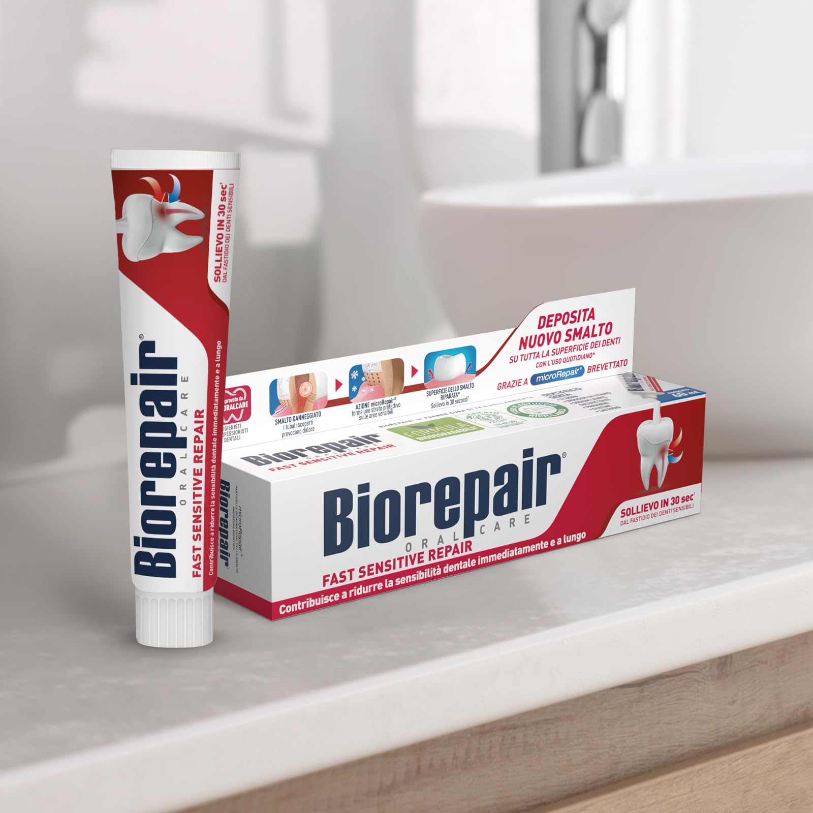 Biorepair, Pasta de dientes Fast Sensitive Repair, 12 paquetes de 60 ml, reduce la sensibilidad de los dientes y alivia el dolor de dientes sensibles en 30 segundos, protege y repara el