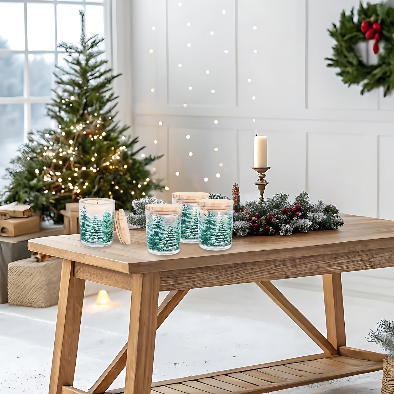 Whaline 12Pcs Christmas Empty Candle Jar with Wooden Lid Xmas Tree Glass Candle Container for Candles Making Storing Kitchen Table Centerpiece Decoration