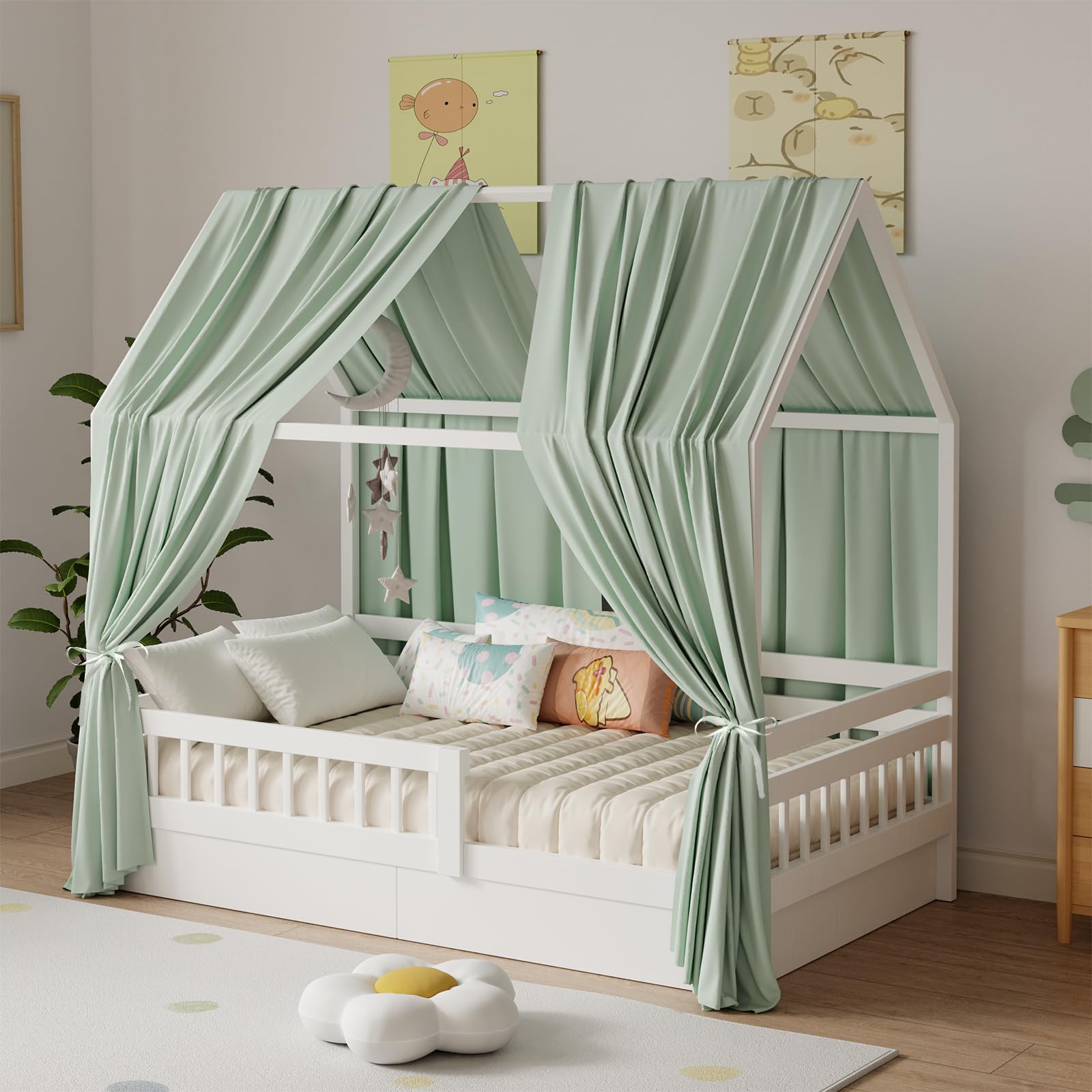 Zdada Hausbett Himmel, Betthimmel Hausbett Musselin mit 2 Stück Betthimmel, Stoffhimmel für Hausbett Mädchen Jungen Baldachin Kinderbett Kinderzimmer Deko -135 x 350 cm Grün