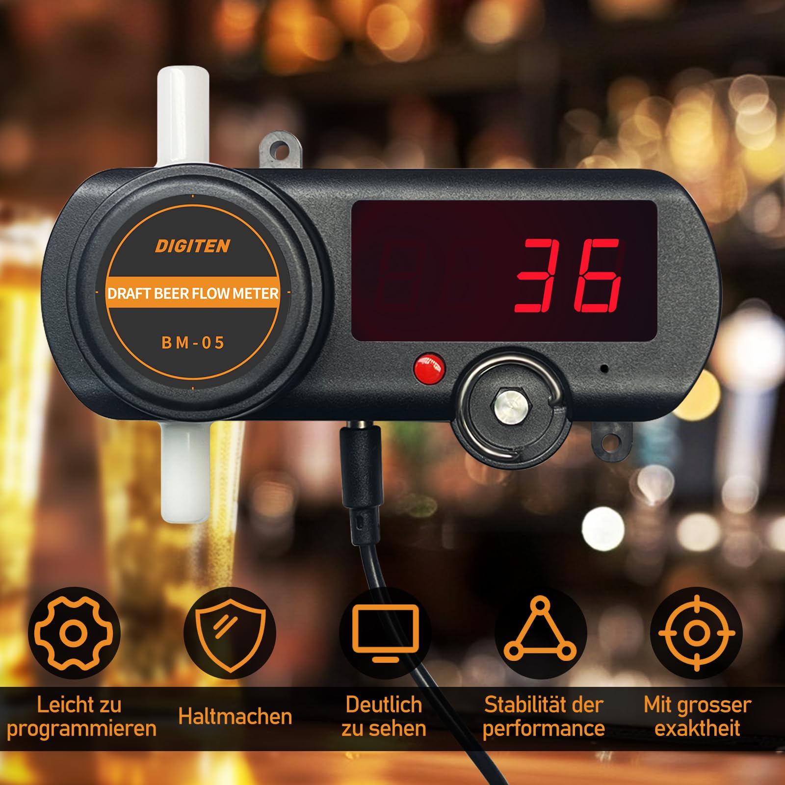 Digitaler Bier-Durchflussmesser BM-05, LED-Display, mit Netzteil und Zubehör,Den koschere bier - und getränkezähler