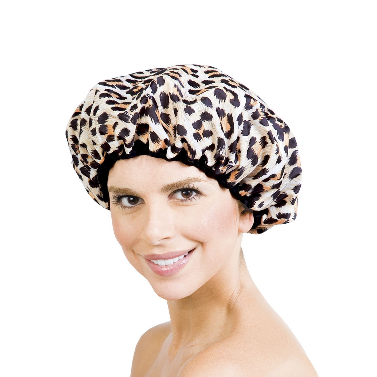 Reusable Nylon Shower Cap & Bath Cap, Reversible Oversized Waterproof Shower Caps Large Designed for all Hair Lengths w Terry Lining & Elastic Band Stretch Hem Hair Hat - Socialite Safari Spots