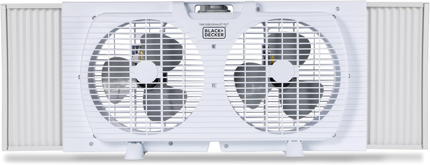 BLACK+DECKER 9" Dual Window Fan with 2 Speed Settings, Twin Fan Heads with Mechanical Dial Control, Removable Legs, For Sliding Windows up to 33” W with Accordion Expanders, BFW9M, White