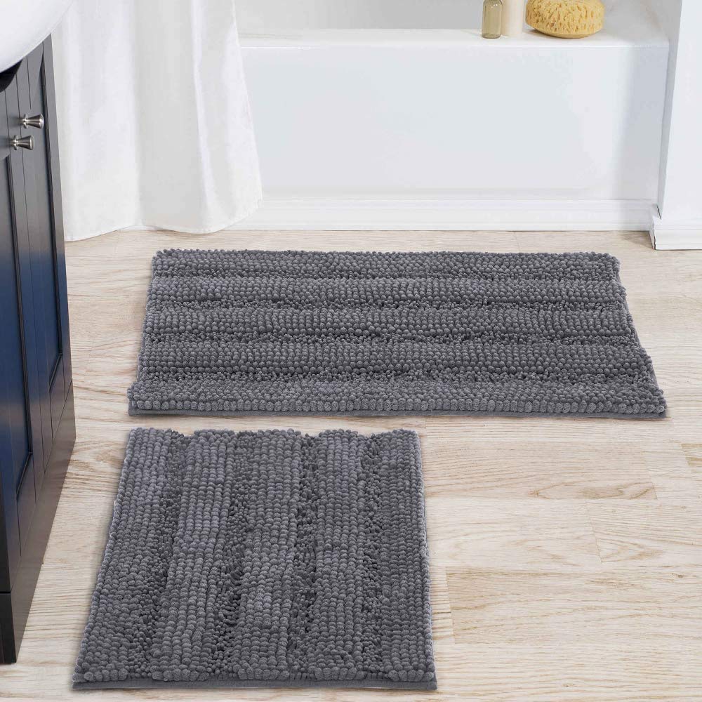 Bathroom Rug,Super Thick Soft Non Slip Shaggy Chenille Bath Mats 2 PCS ,Kitchen Bedroom Living Room Mats,Dry Fast Water Absorbent Floor Carpets Machine Washable 20"x32"+17"x24"(Grey)