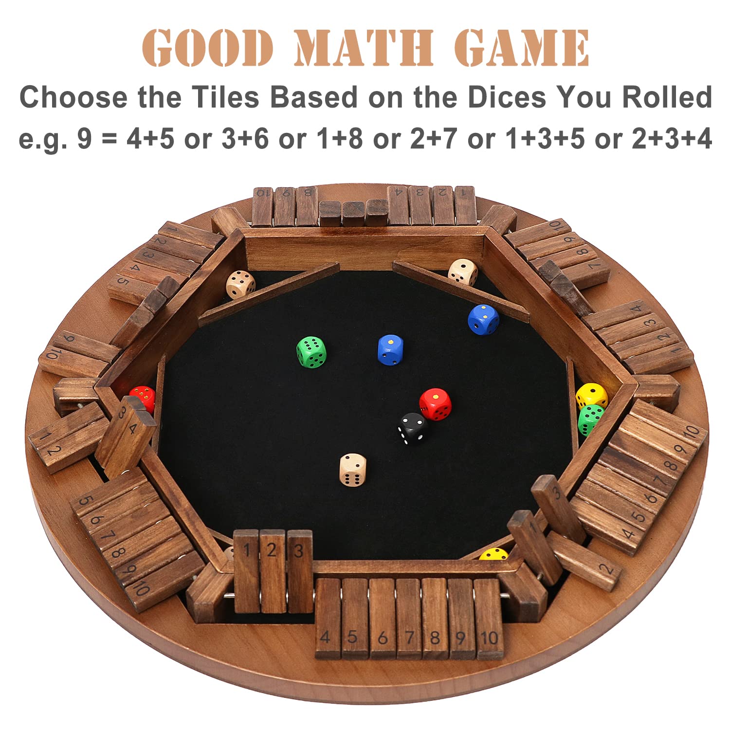 plusvivo Shut The Box Game for 1-6 Players, Large Round Wooden Board Dice Game with 14 Dice for Adults and Kids, 6 Way Puzzle Math Game for Home Classroom or Pub