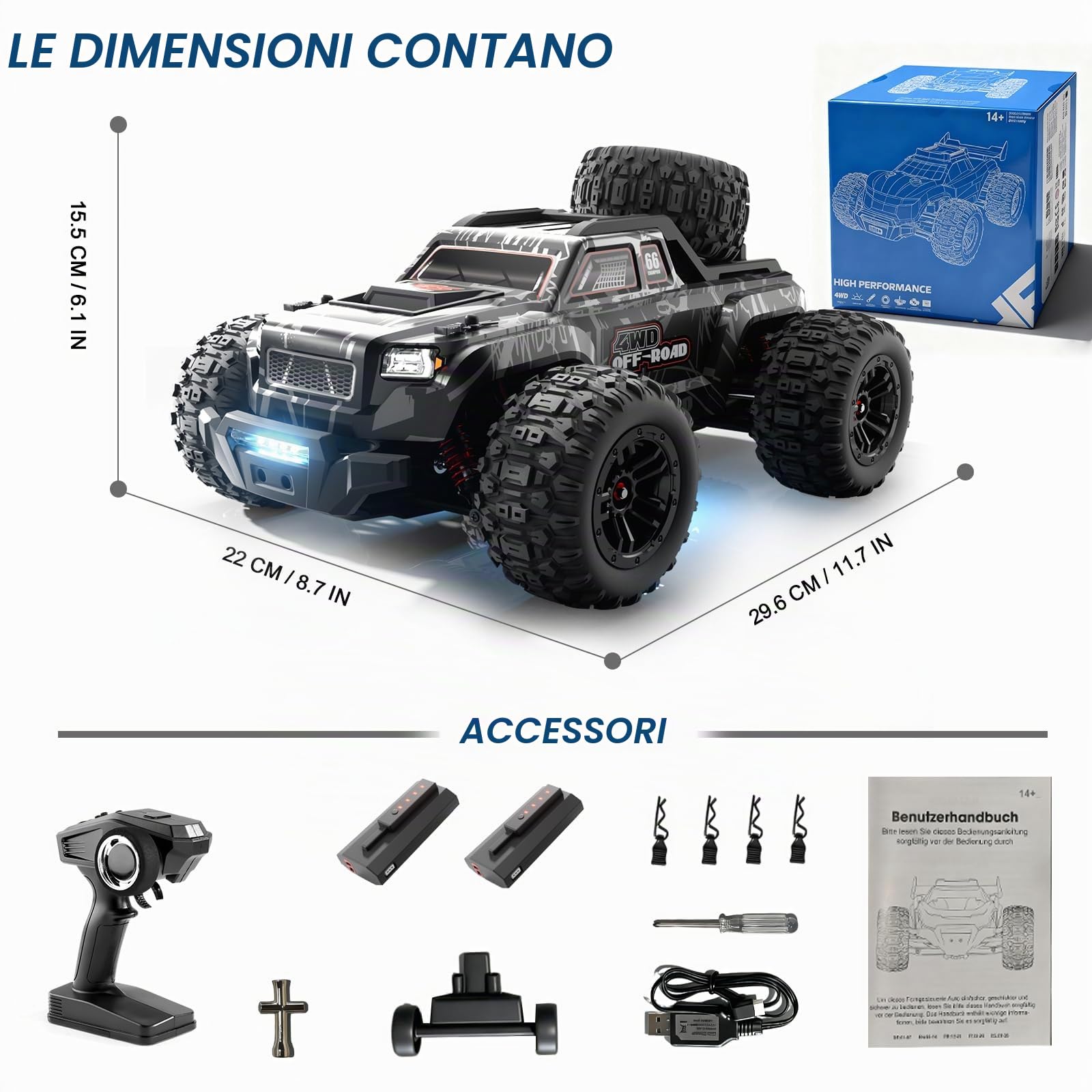 Auto radiocomandata senza spazzole, 1/16 RC, 55 km/h, camion telecomandato, 4 WD All Terrains fuoristrada, camion radiocomandato, 2,4 GHz, crawler RC con 2 batterie