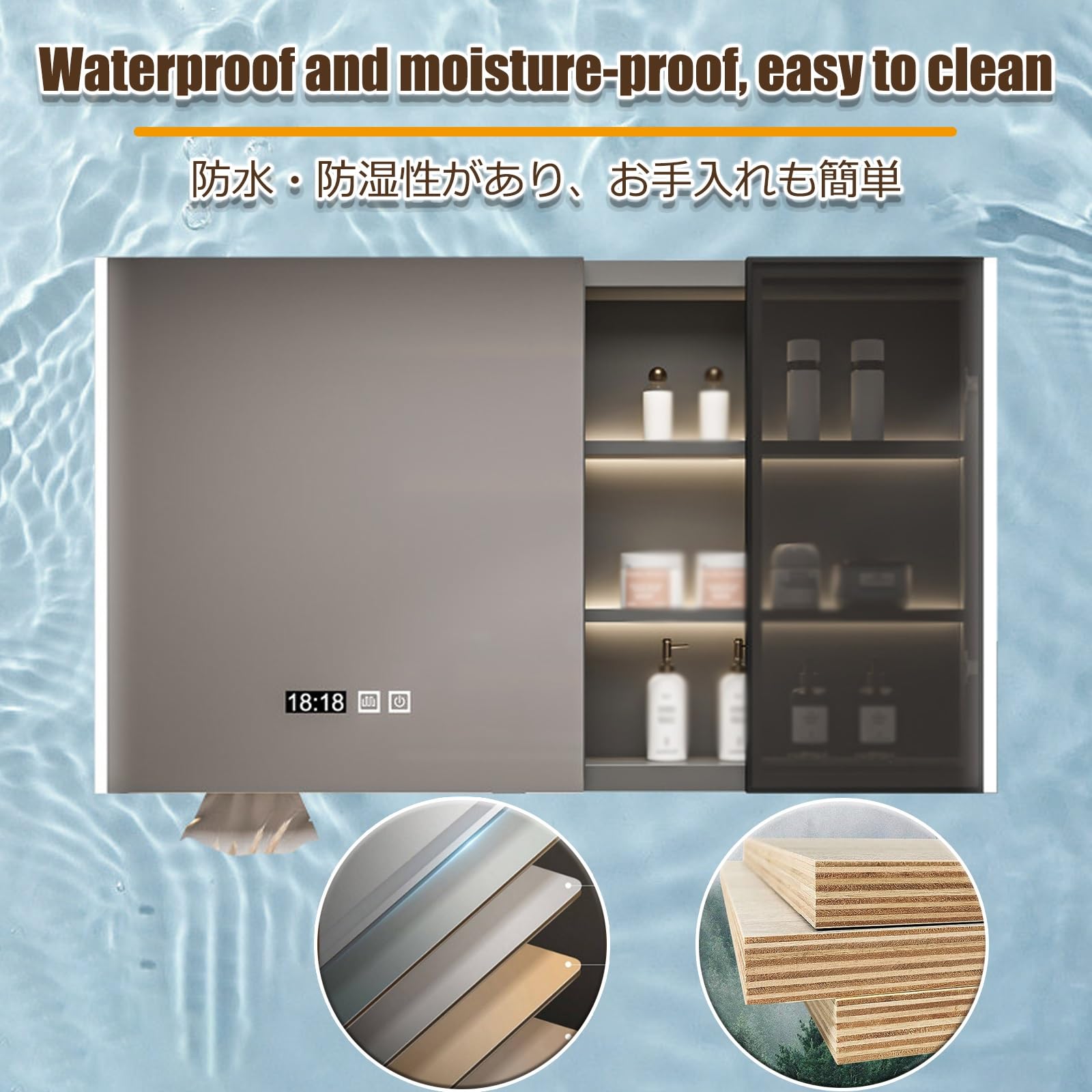 Mobiletto A Specchio,Mobile Bagno Con Specchio,Specchiera Bagno Con Contenitore,Luce Regolabile,Sbrinatore,Per Soggiorno, Lavanderia, Fango(Gray,120cm/47.2in)