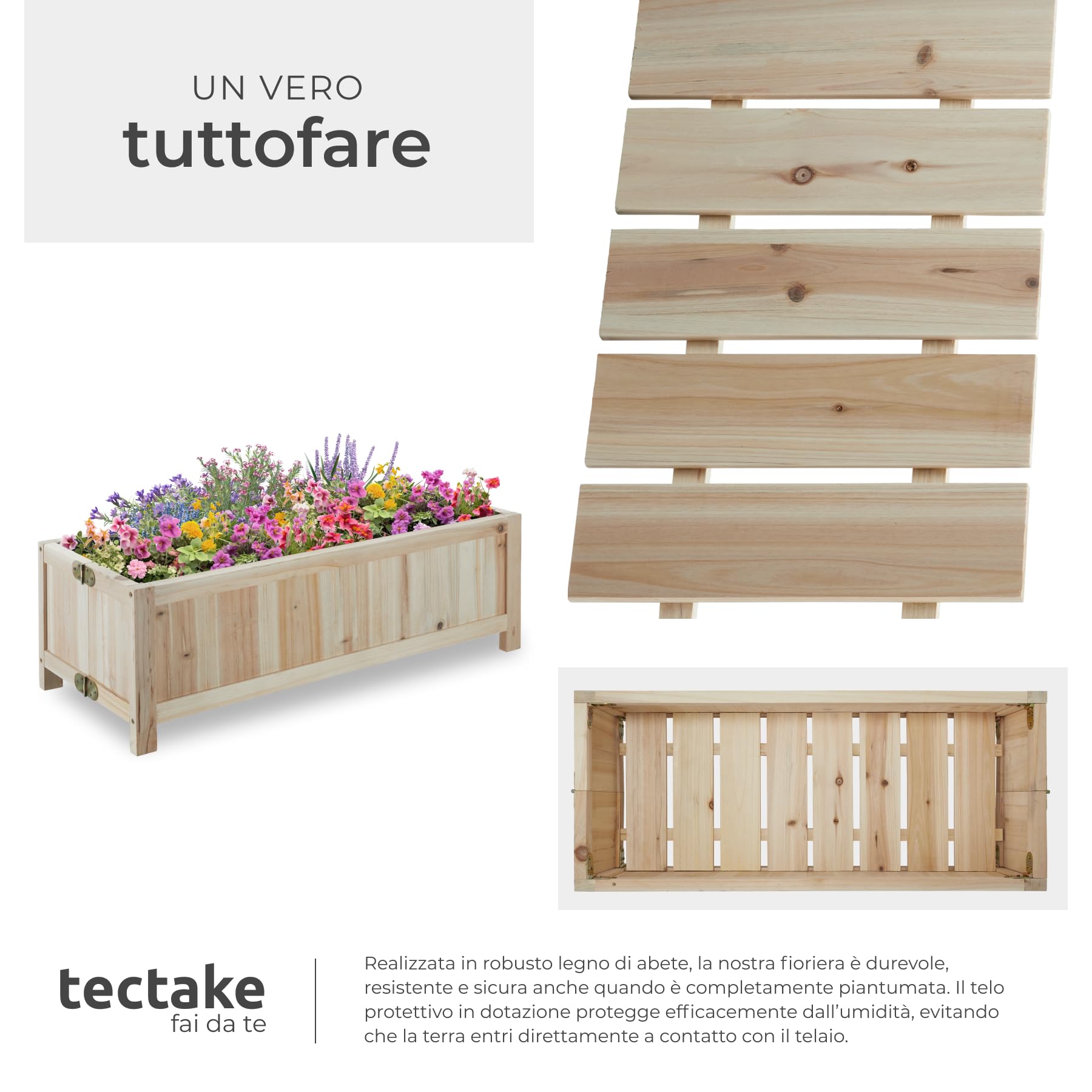tectake® Cassone per Orto Rialzato, Legno di Abete, Pieghevole, 30l, con Pellicola Protettiva, per Verdure, Erbe Aromatiche e Fiori, per Giardino, Balcone e Terrazza, 70x30x25 cm