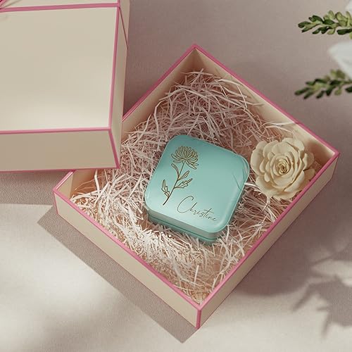Miniatura 6 de Bemaystar Regalos personalizados para mujer Joyero personalizado, organizador de joyas de viaje pequeño portátil con flor de nacimiento y nombre,