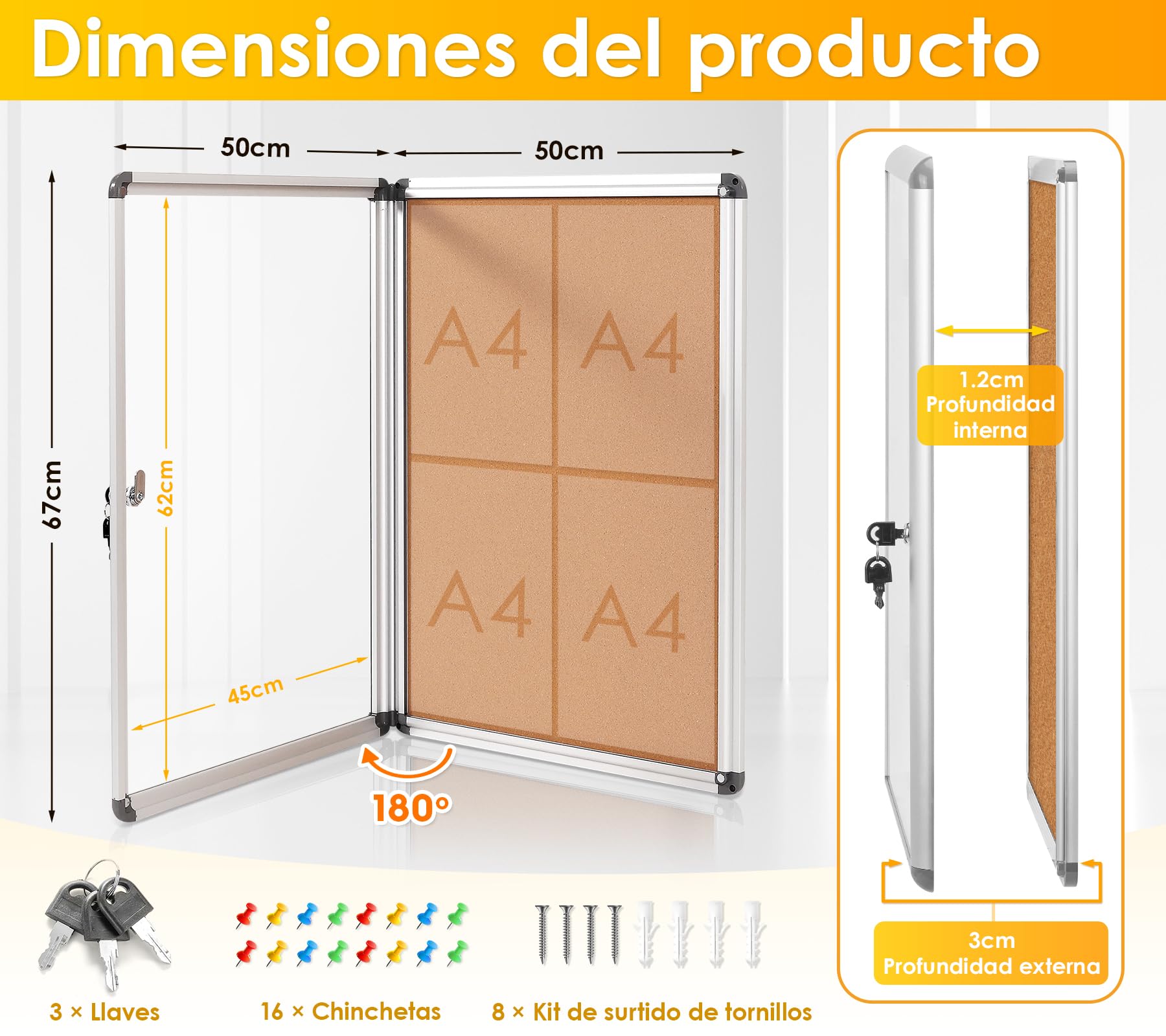 Swansea - Tablon de Anuncios para Interiores 4xA4,Tablón de Anuncios con cerradura de Aluminio para comunidad,escuela, oficina, 67 x 50 cm