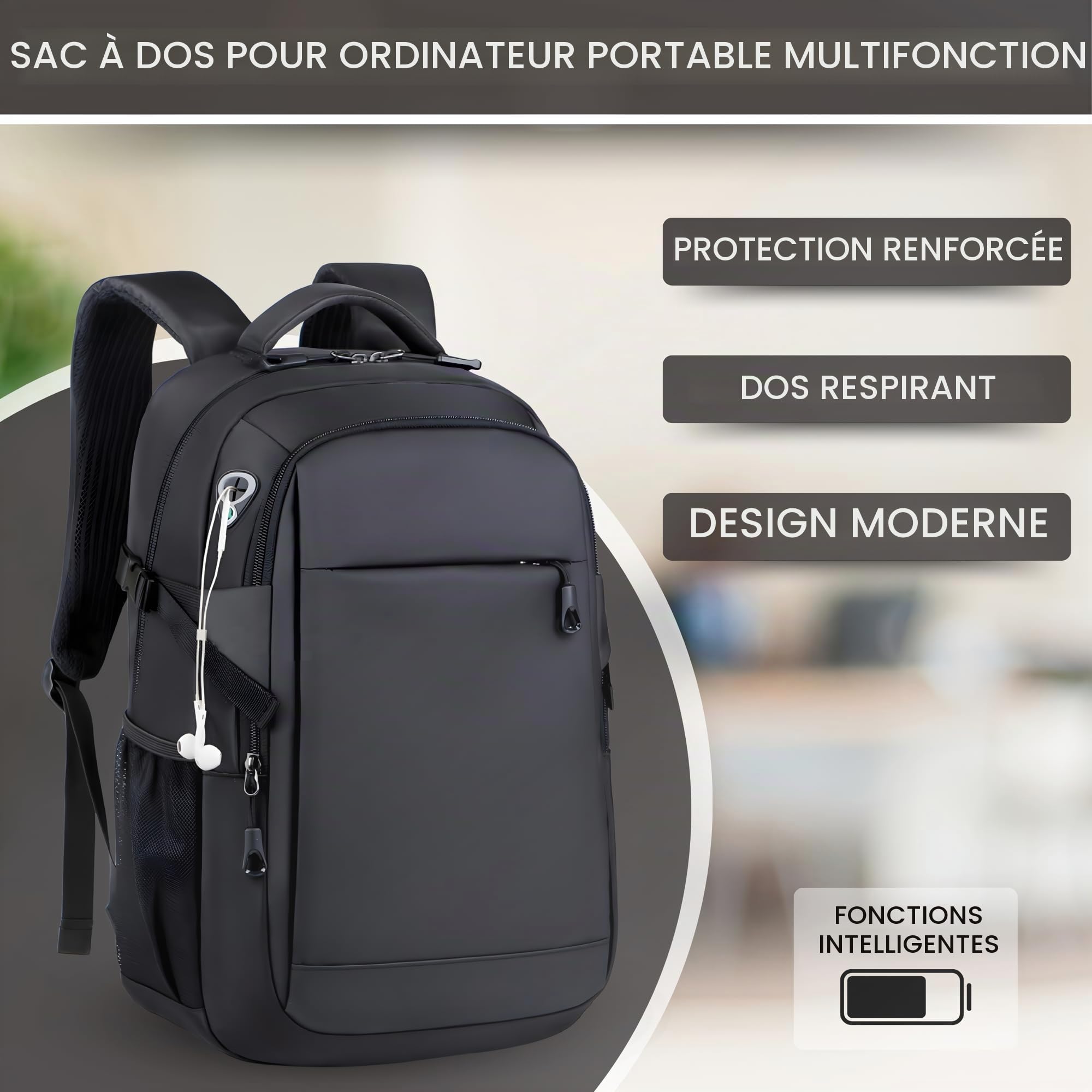 ALTOS OFFICE AND HOME Sac à dos pour ordinateur portable, voyage d'affaires et d'étude, port USB, ordinateur portable jusqu'à 15,6", noir, antivol, idéal pour la randonnée, imperméable, résistant aux