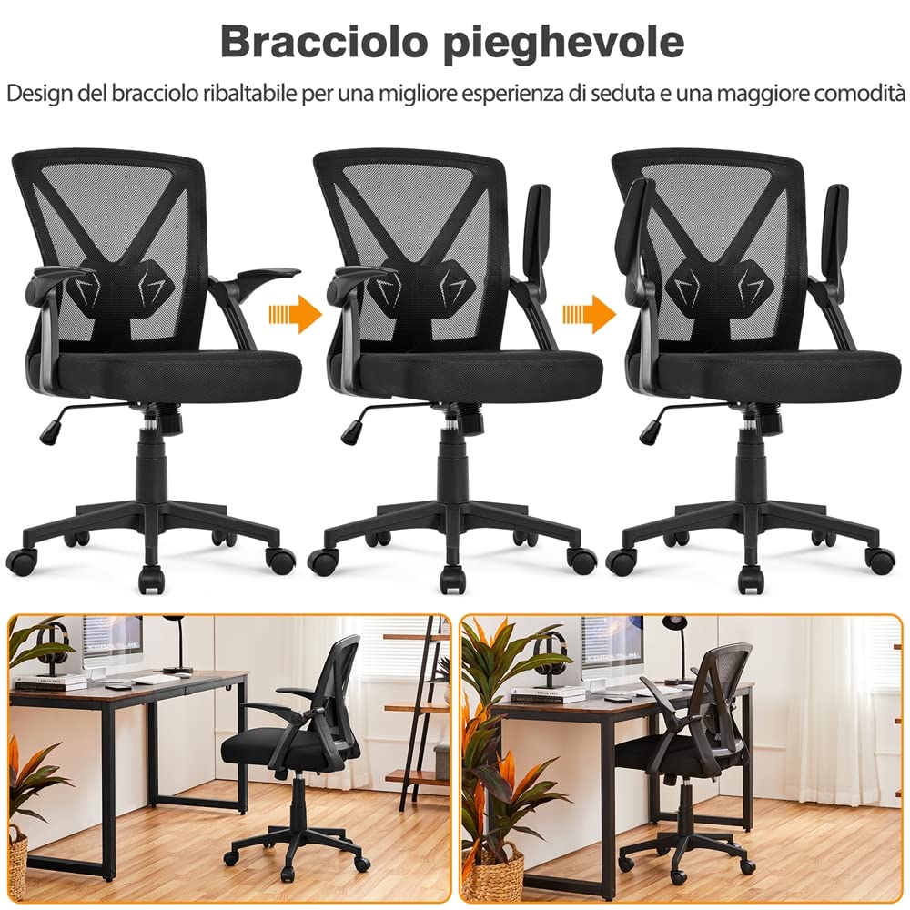 Yaheetech Sedia da Ufficio Scrivania Ergonomica Lombare con Braccioli Altezza Regolabili Ruote Girevoli Schienale in Rete Traspirante Portata 136 kg Nera